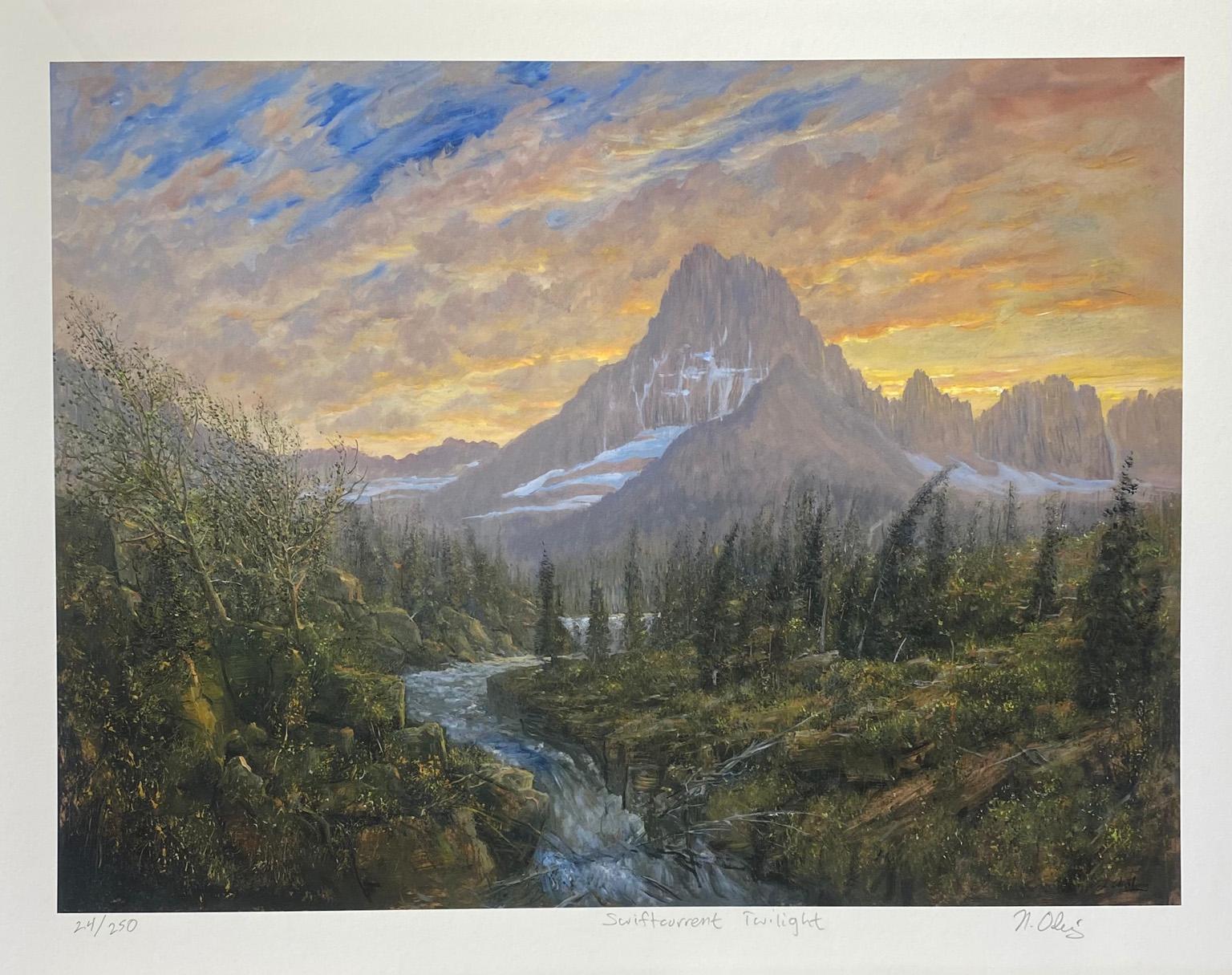 Nicholas Oberling Landscape Painting - Giclee of Swiftcurrent Twilight at Many Glacier in Glacier National Park Montana