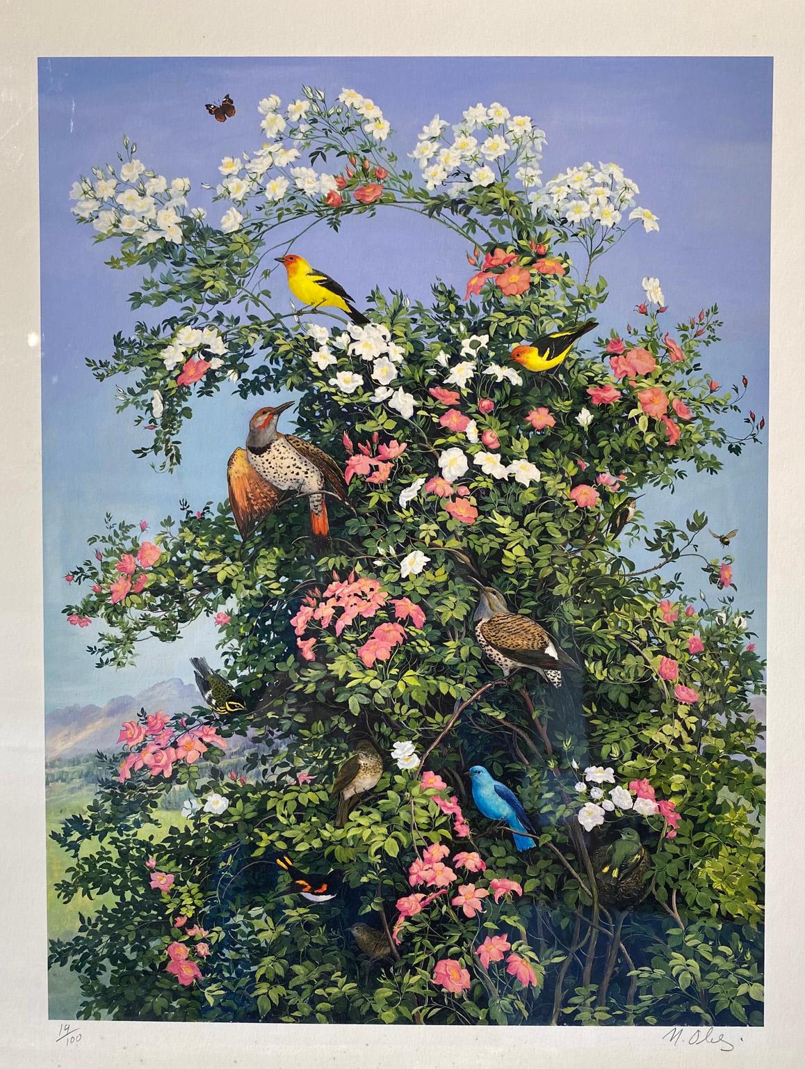 Nicholas Oberling Still-Life Print - Montana Birds and Wild Roses Giclee