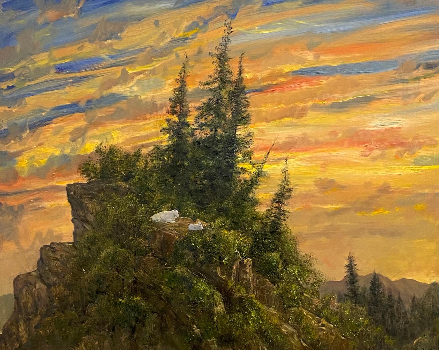 Nicholas Oberling Landscape Painting - Mountain Goats on the Highline Trail in Glacier National Park