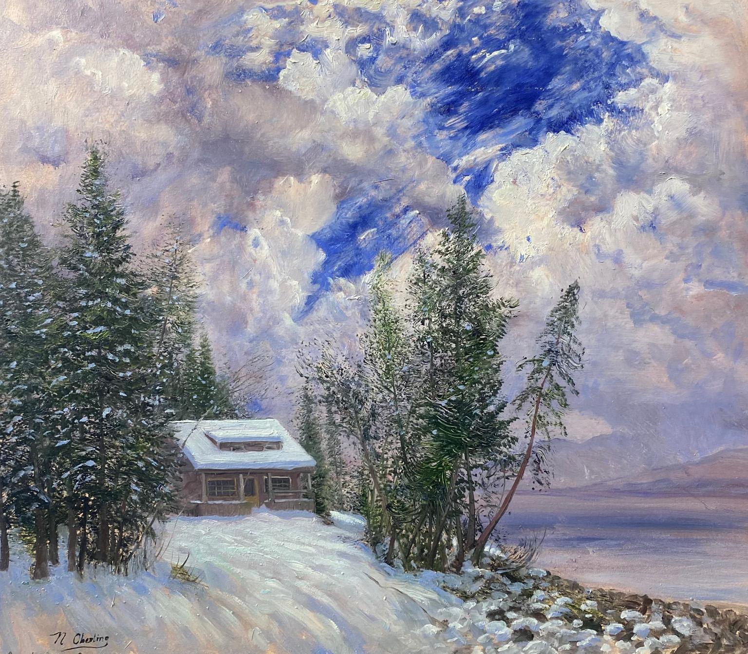Nicholas Oberling Landscape Painting - Lake McDonald Cobb House During a Winter in Glacier National Park