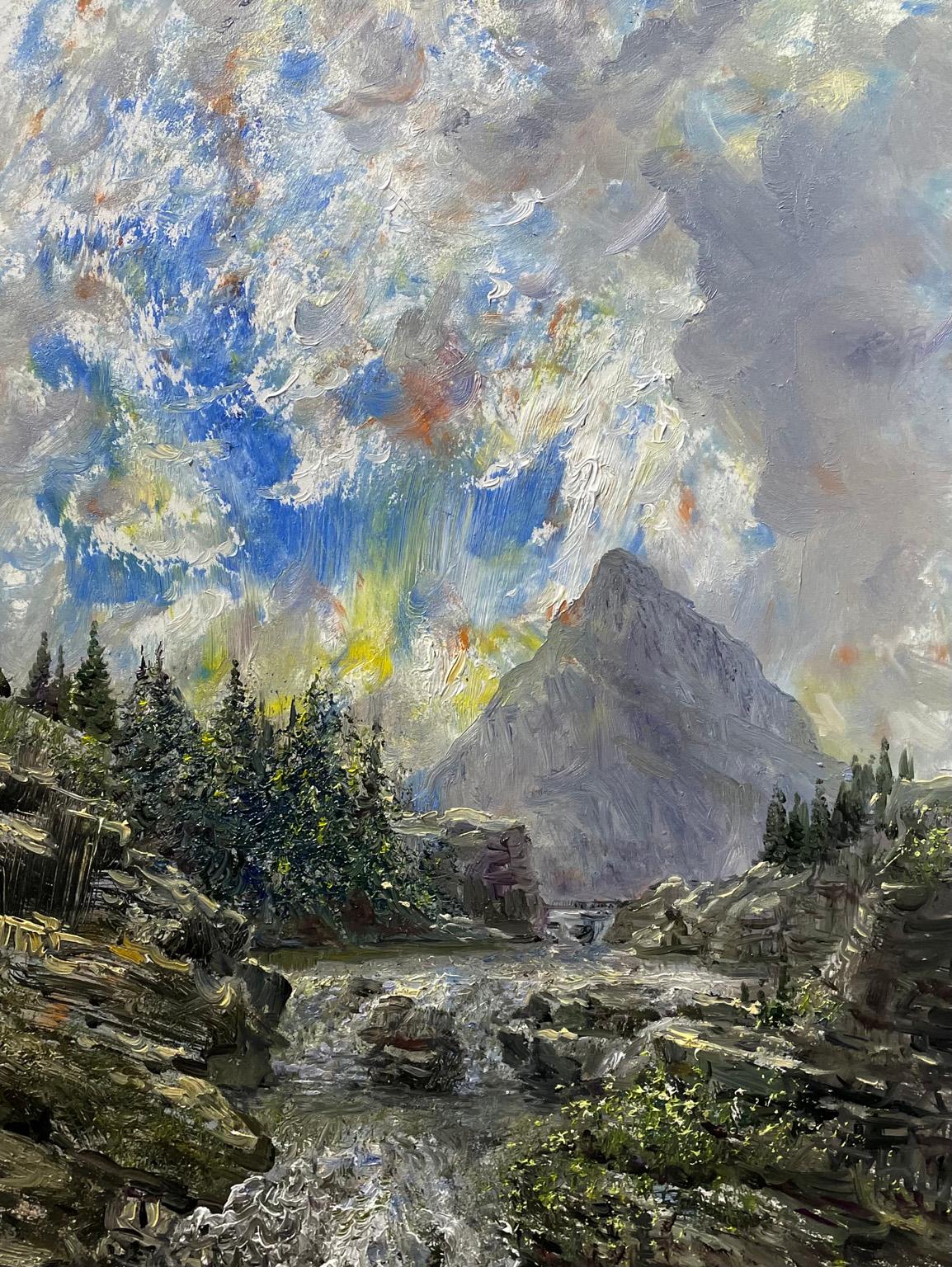 Nicholas Oberling Landscape Painting - Lower Swiftcurrent Falls at Many Glacier in Glacier National Park,  