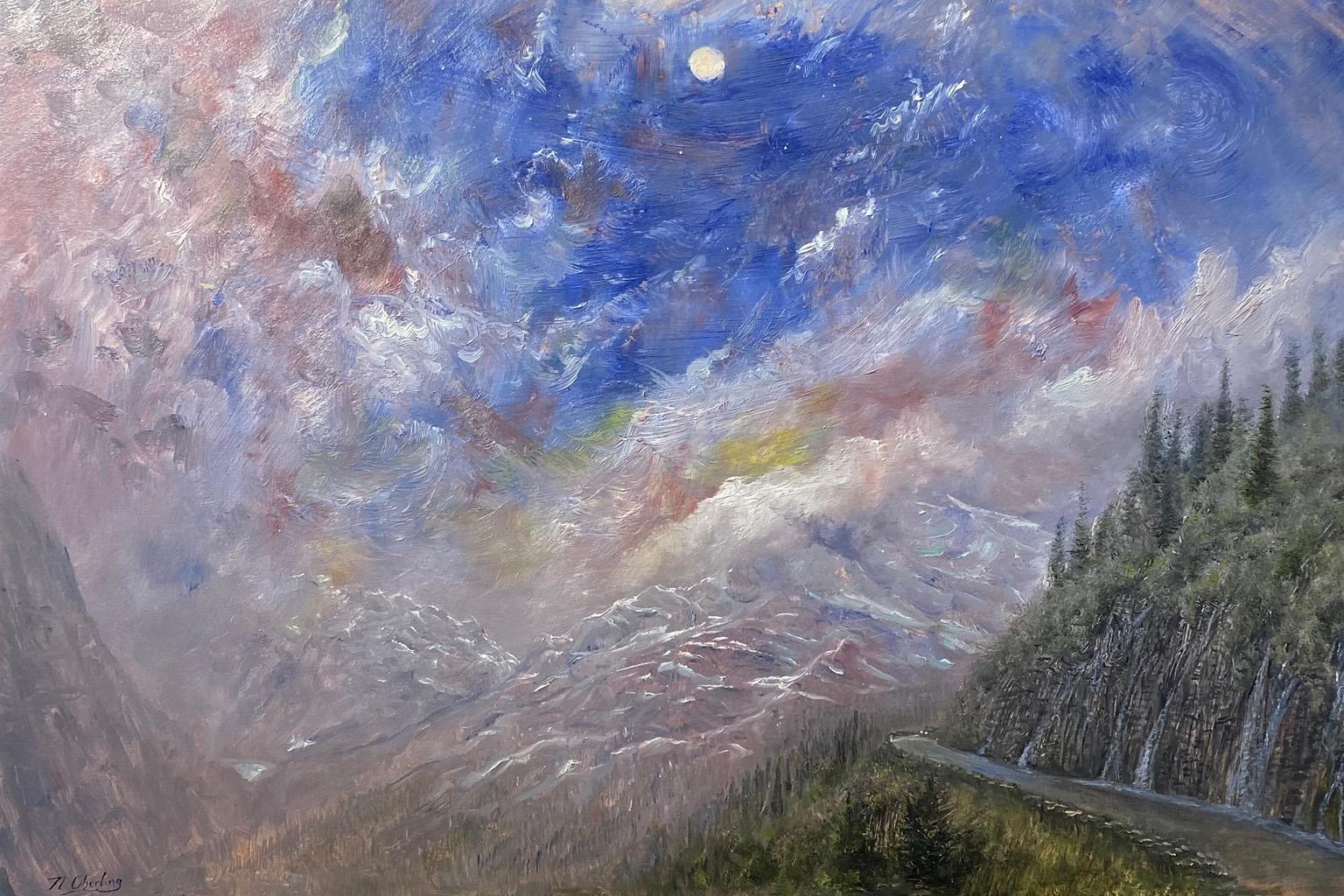 Nicholas Oberling Landscape Painting - Moon and Weeping Wall on the Going-to-the-Sun Road in Glacier National Park