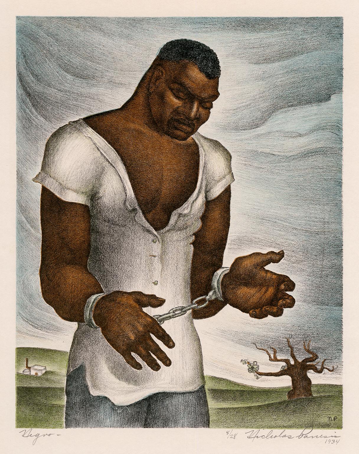 Nicholas Panesis Figurative Print – Neger" - Kalifornien WPA, 1930er Jahre Sozialer Realismus - Afroamerikanisches Thema