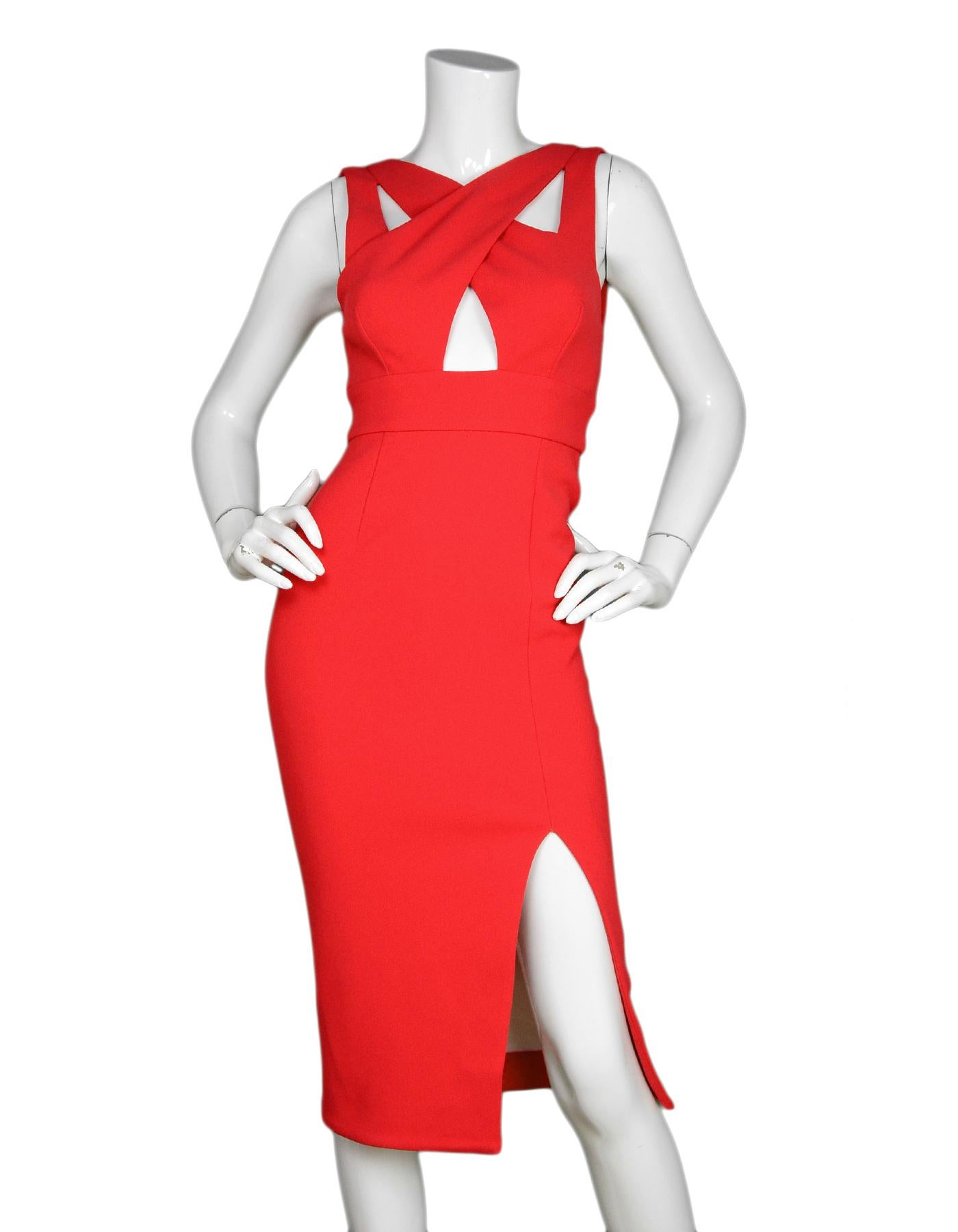 Nicholas Poppy Red Bonded Crepe Double Criss Cross Sleeveless Dress Sz 2 NWT

Made In:  Australia 
Color: Poppy red
Materials: 100% polyester 
Lining: 66% rayon, 29% nylon, 5% spandex
Opening/Closure: Exposed silvertone back zipper
Overall