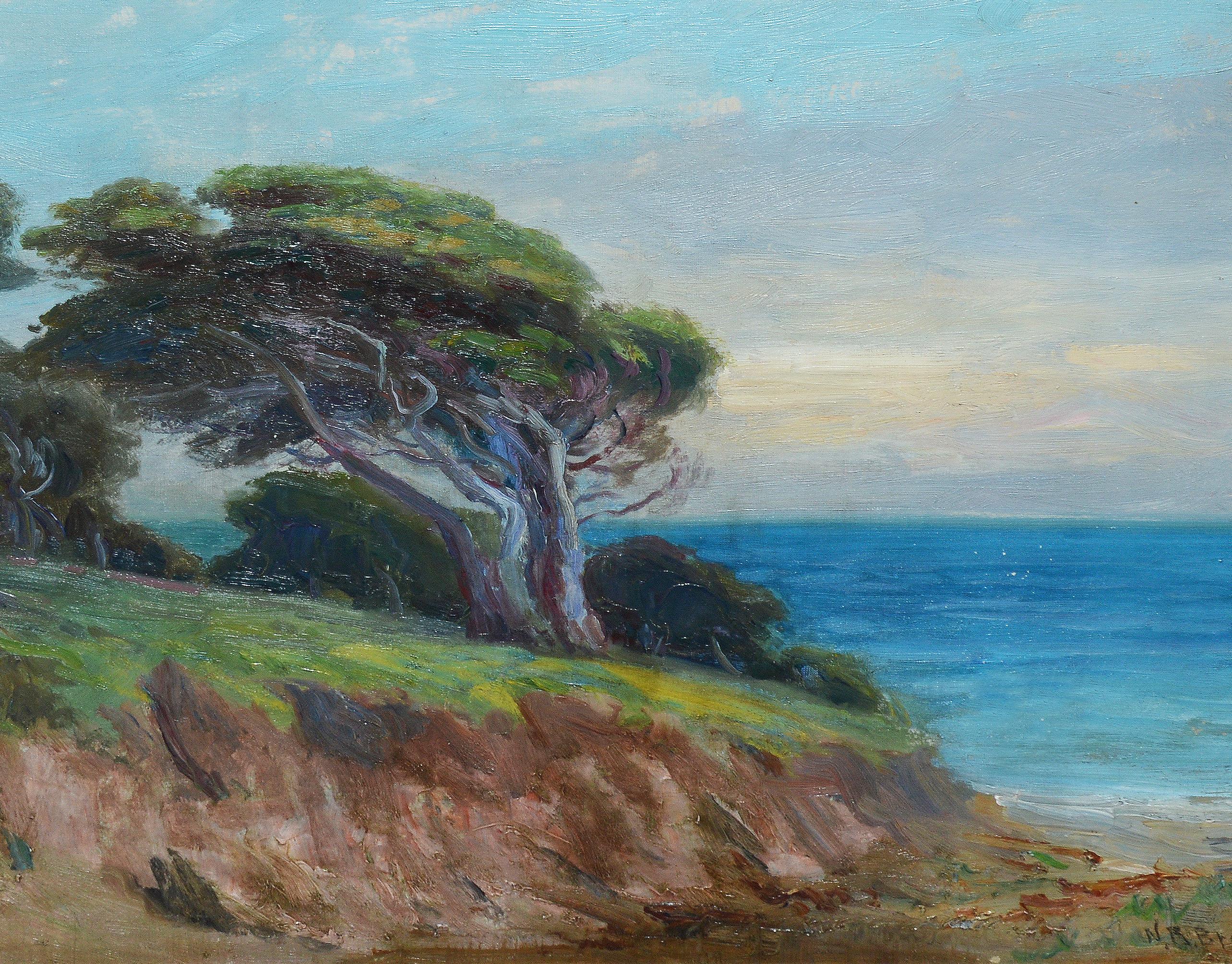 Antique American impressionist coastal landscape painting by Nicholas Richard Brewer  (1857 - 1949).  Oil on canvas, circa 1900.  Signed lower right.  Displayed in a period impressionist frame.  Image, 27