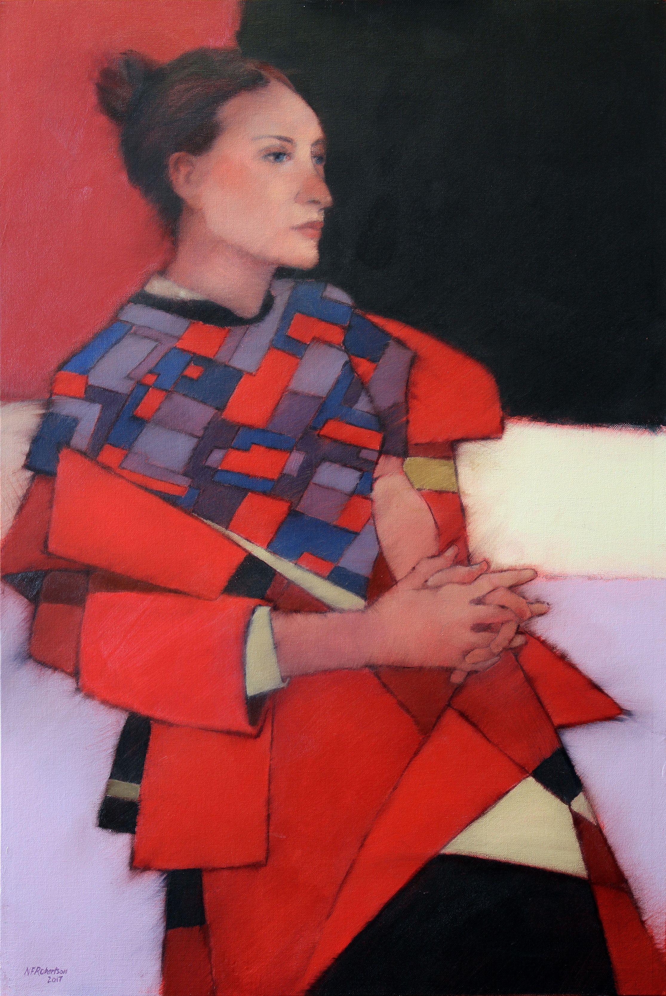 Painting: Acrylic on Canvas and Other.    A painting with a cascading format of blocks of red coat colour and abstractive blouse pattern within a figurative component. Like the Harlequin painting it was a tricky concept to resolve. The goal is