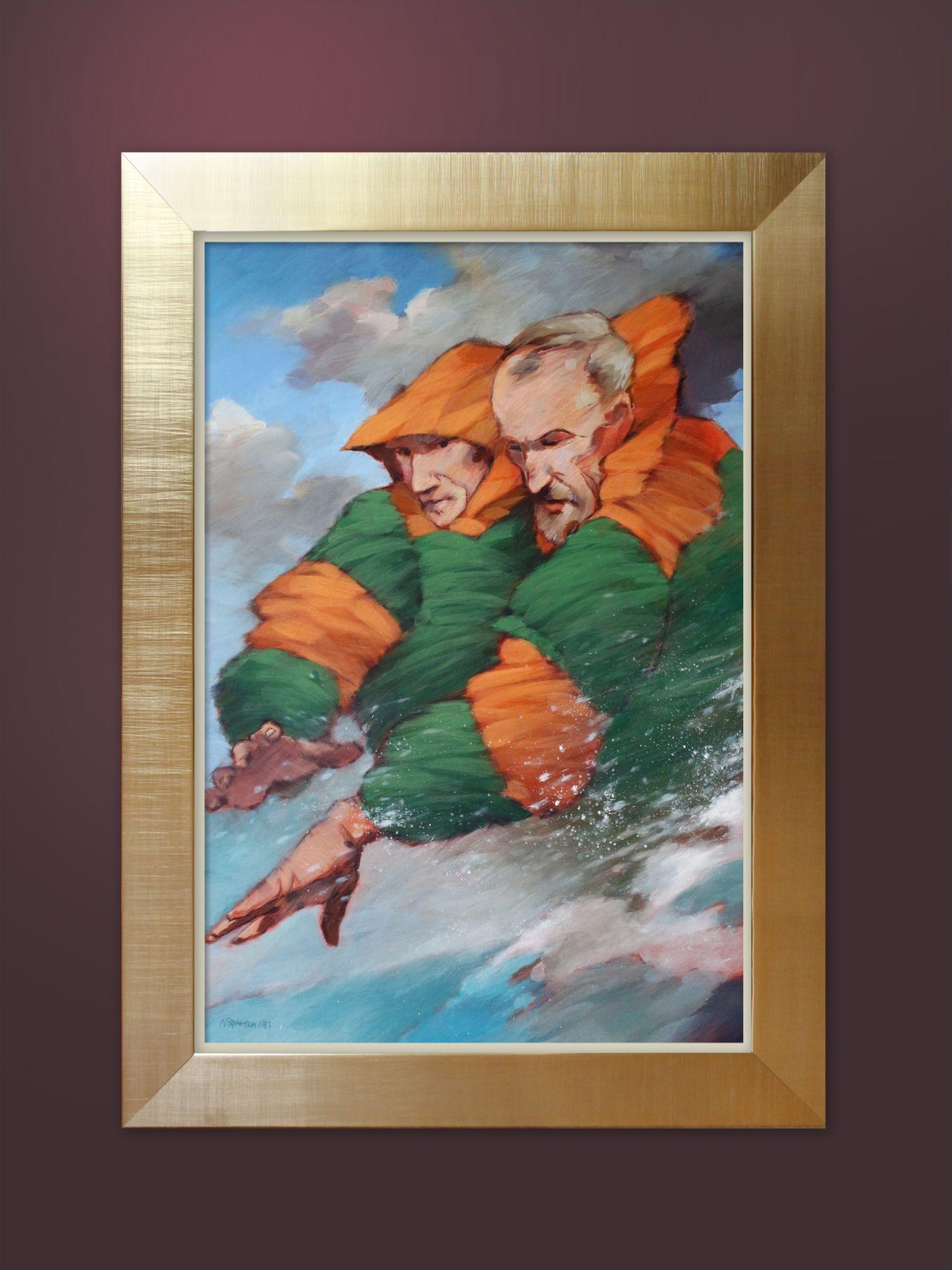 Este cuadro se inspiró en tres viajes que realicé en una gran goleta de gavia. A veces el mar estaba muy agitado y en una ocasión alcanzó la fuerza 10, lo que provocó mi primer mareo. Este cuadro representa aquella tormenta con figuras de marineros