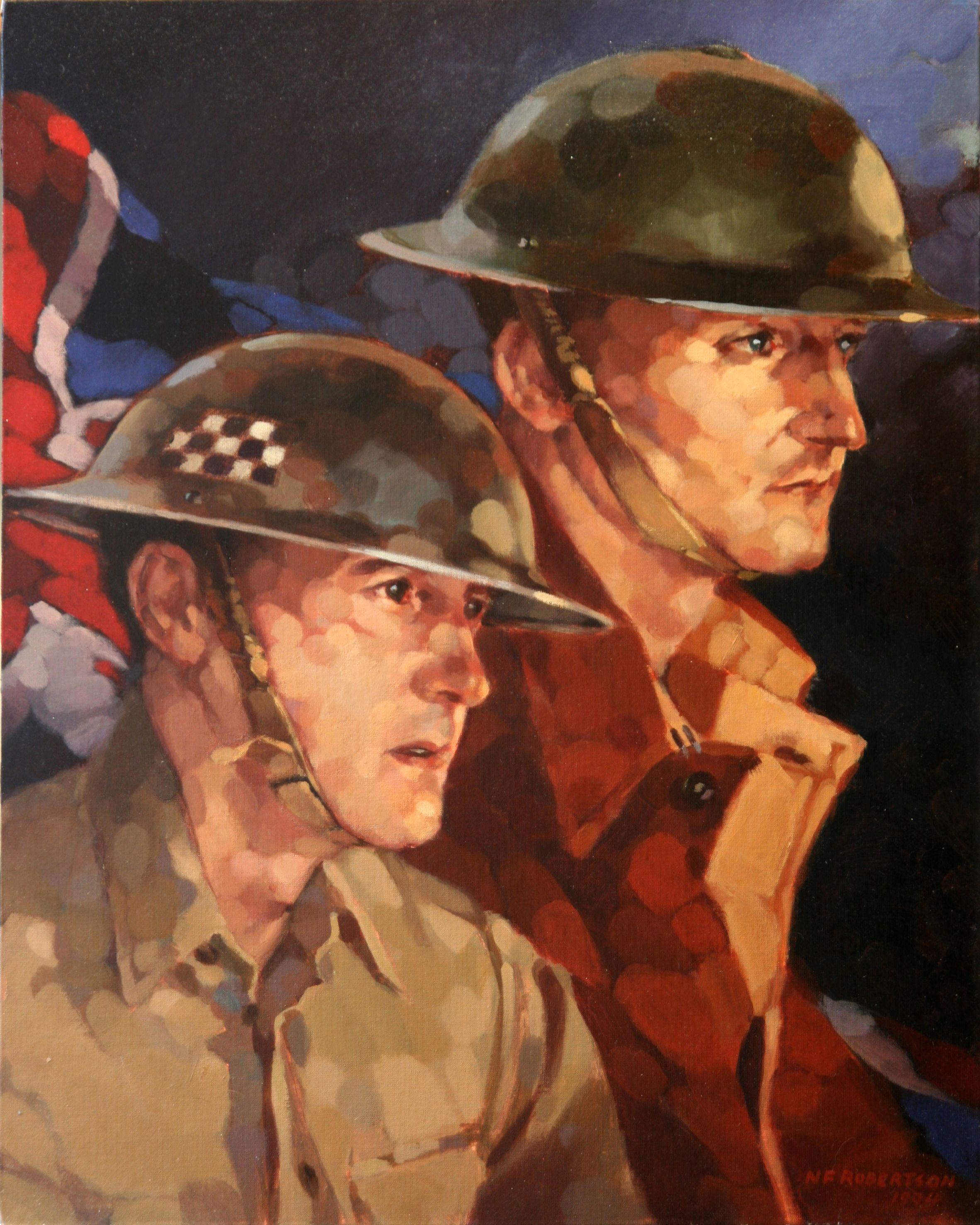 This sample work was undertaken to secure a British Army regimental commission for a military mural painting. Changing financial circumstances were cited by our then agent as to why the commission was unfulfilled. The models were myself and my