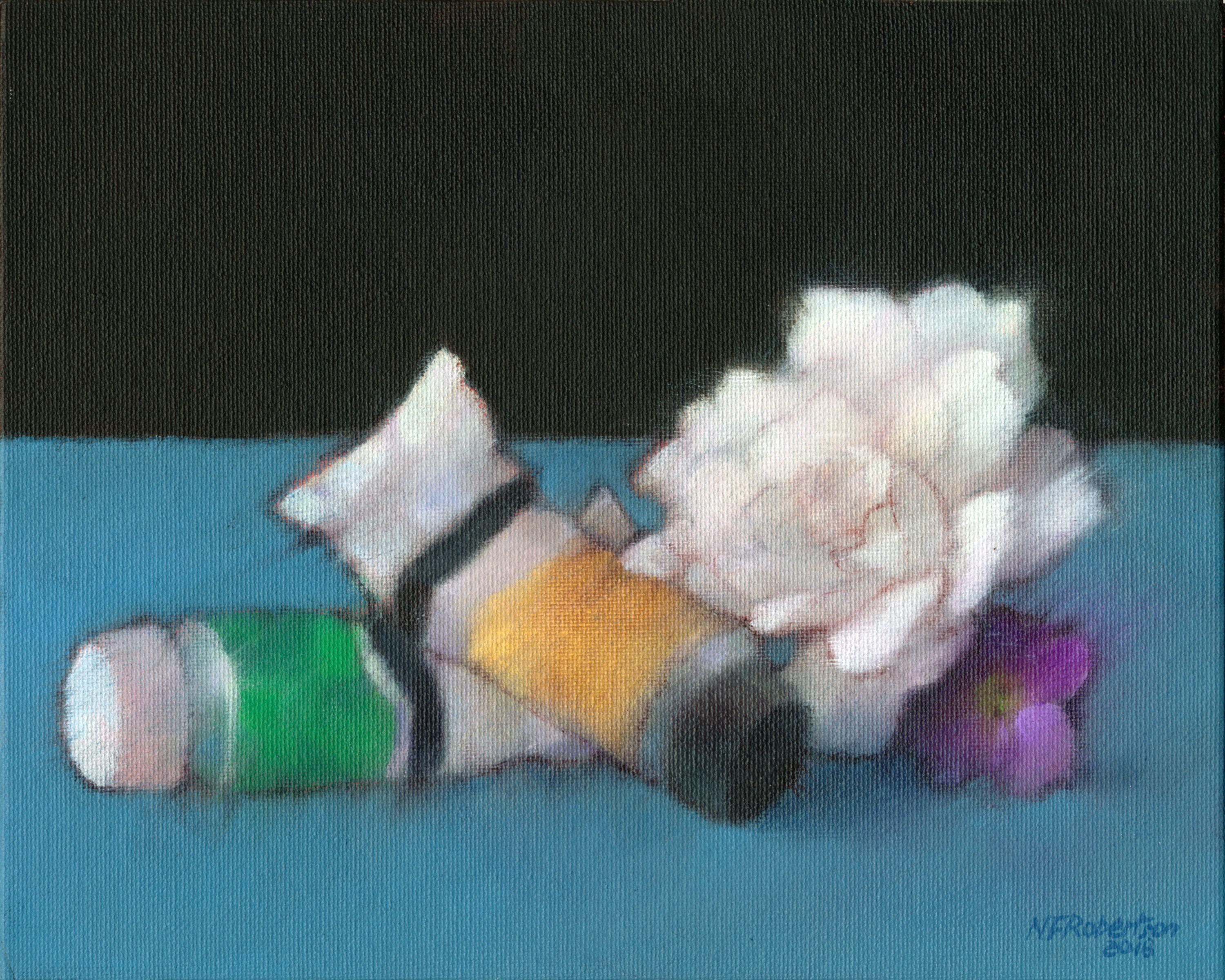 Another one of my still life paintings with flowers from our garden and paints from my studio. As in my previous still life painting 'Paints and Fruit', it may owe some homage to the Dutch school, but it was not my intention, I painted it with an