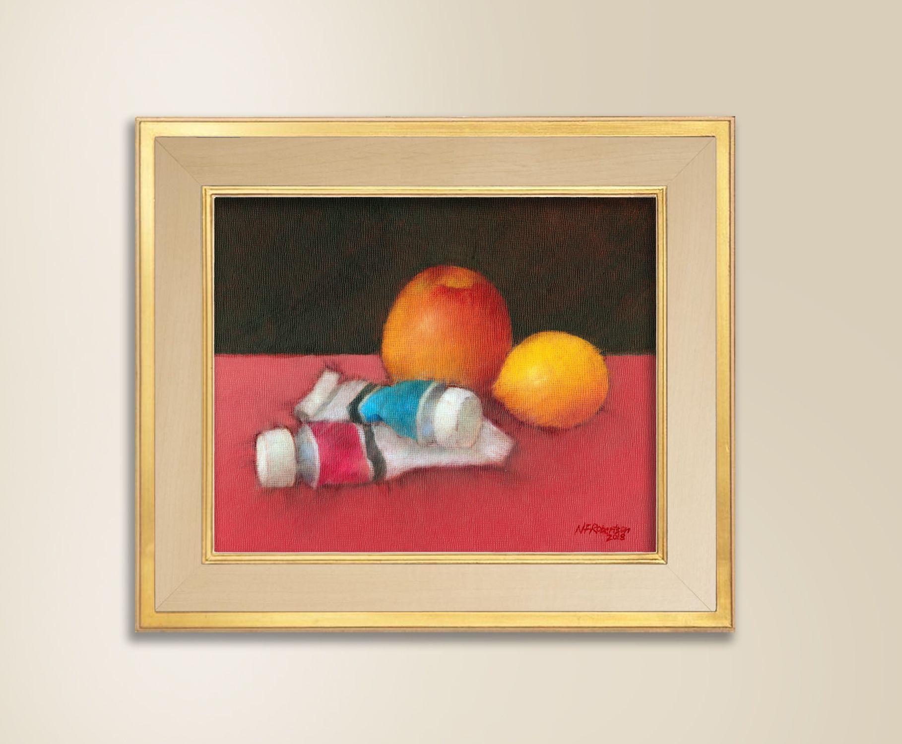 Well what can one say about a Still Life painting, it is what it is. This particular painting is a warm evocation of stuff that has been hanging around in my studio. Obviously the fruit didn't hang around that long, as I ate the one and returned the