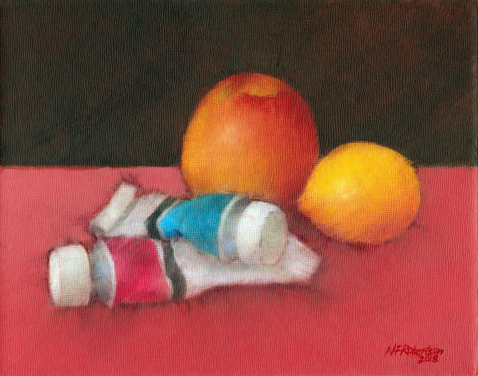 Nicholas Robertson Still-Life Painting - Paints and Fruit, Painting, Acrylic on Canvas