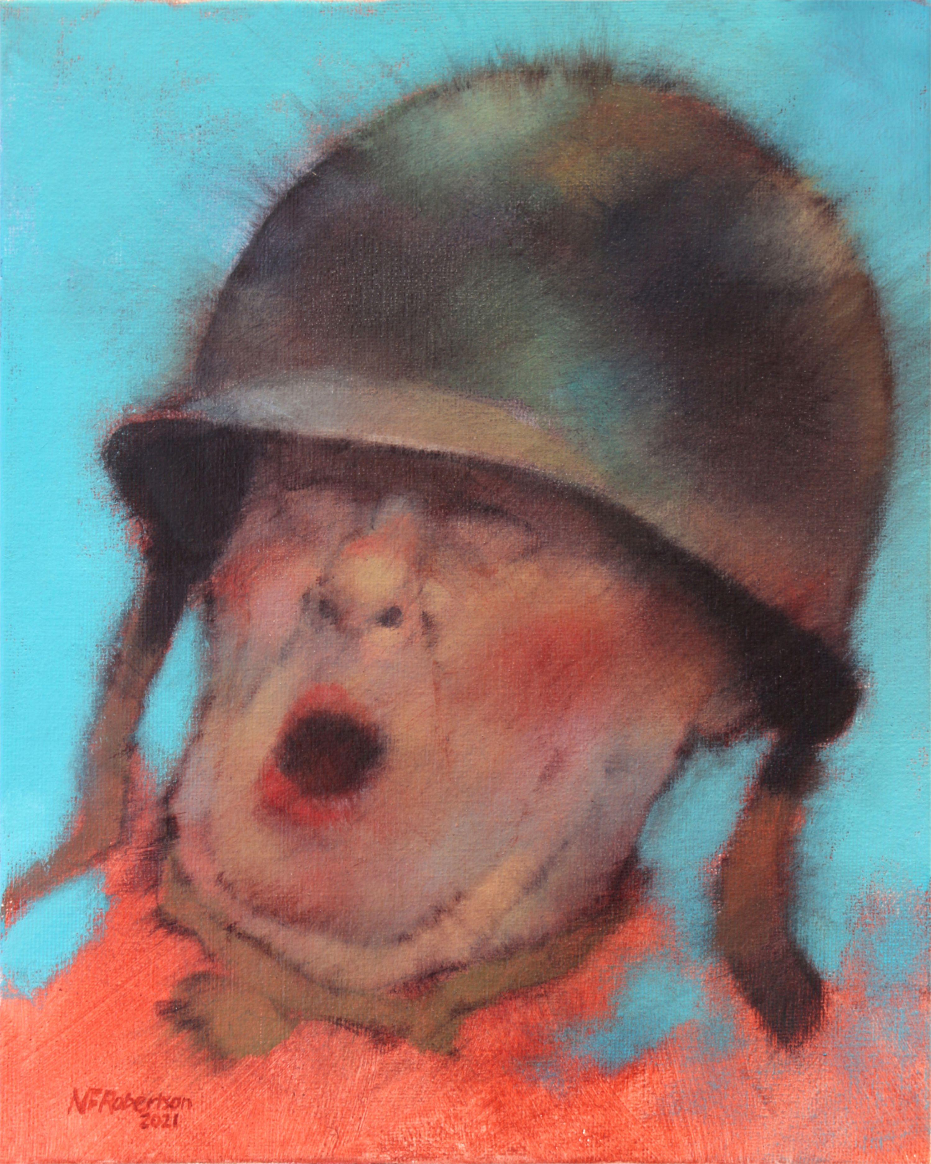 Continuing the series of paintings with a metal military  helmet, in this case an American WW2 one. I wanted to portray older people in something only worn in earnest by younger people, there lies the paradox. I have long been interested in the