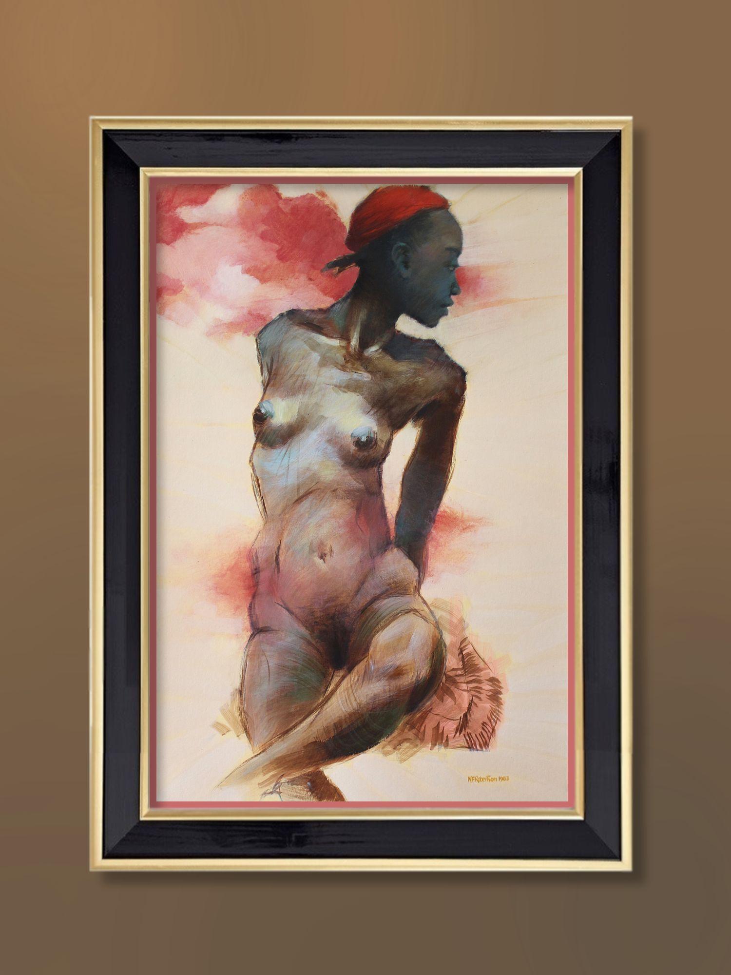 Una figura femminile nuda e nera dipinta in modo sciolto su una tavola Studland cream che presenta una superficie fine con un buon assorbimento. Lo stile manierato di questa figura con questo tipo di tavola si presta a uno stile di pittura libero.