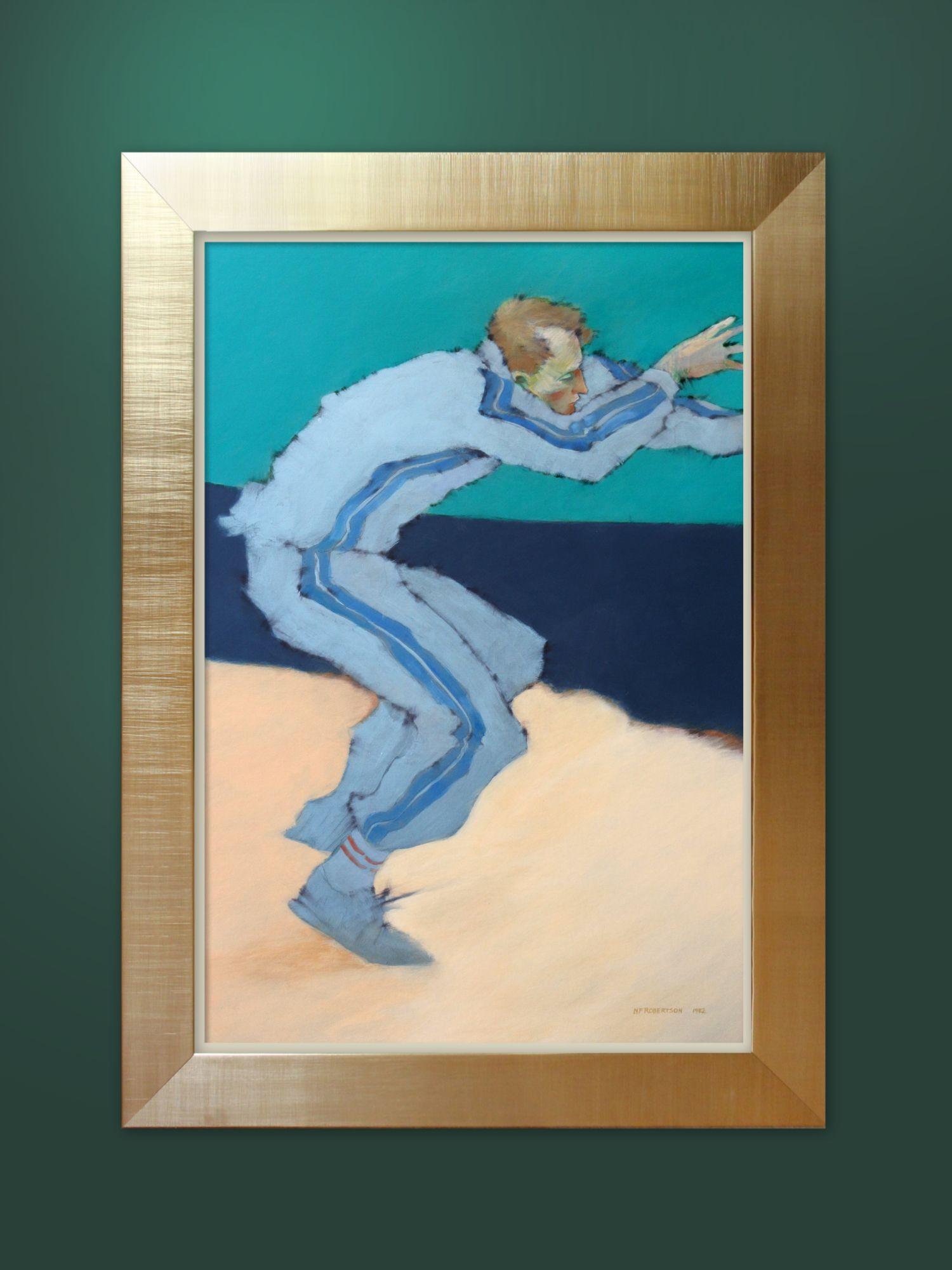 Figura deportiva en estado de juego pintada suelta sobre un tablero azul cálido de Studland, que tiene una superficie fina con buena absorción. El estilo amanerado de esta figura con este tipo de tabla se presta a un estilo de pintura libre. La obra