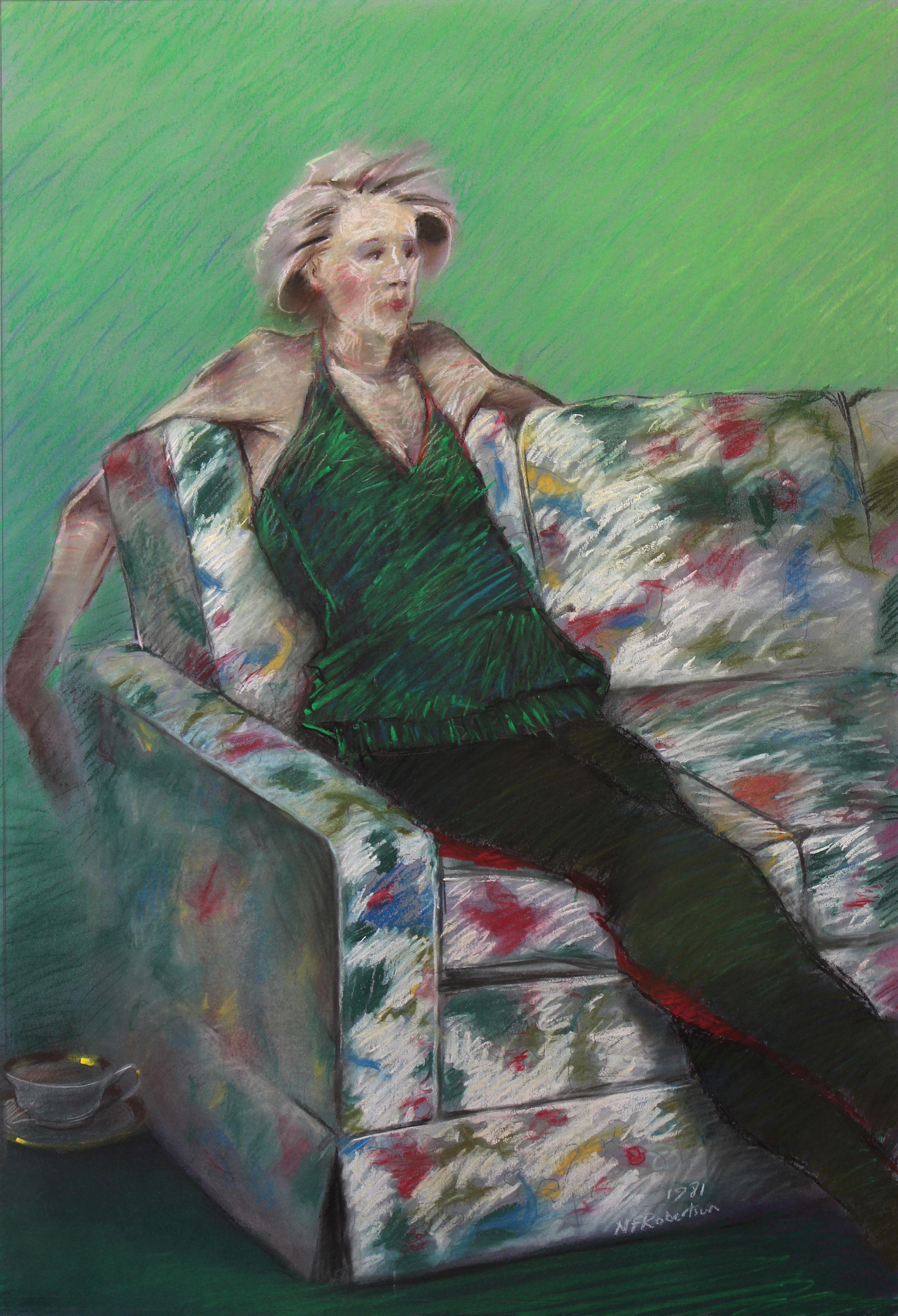 Woman watching TV with spent cup of tea/coffee.     I apply the pastel in successive layers to achieve a soft structure with some areas having a more robust textured element. I use artists hogs hair brushes to manipulate some of the work to give it
