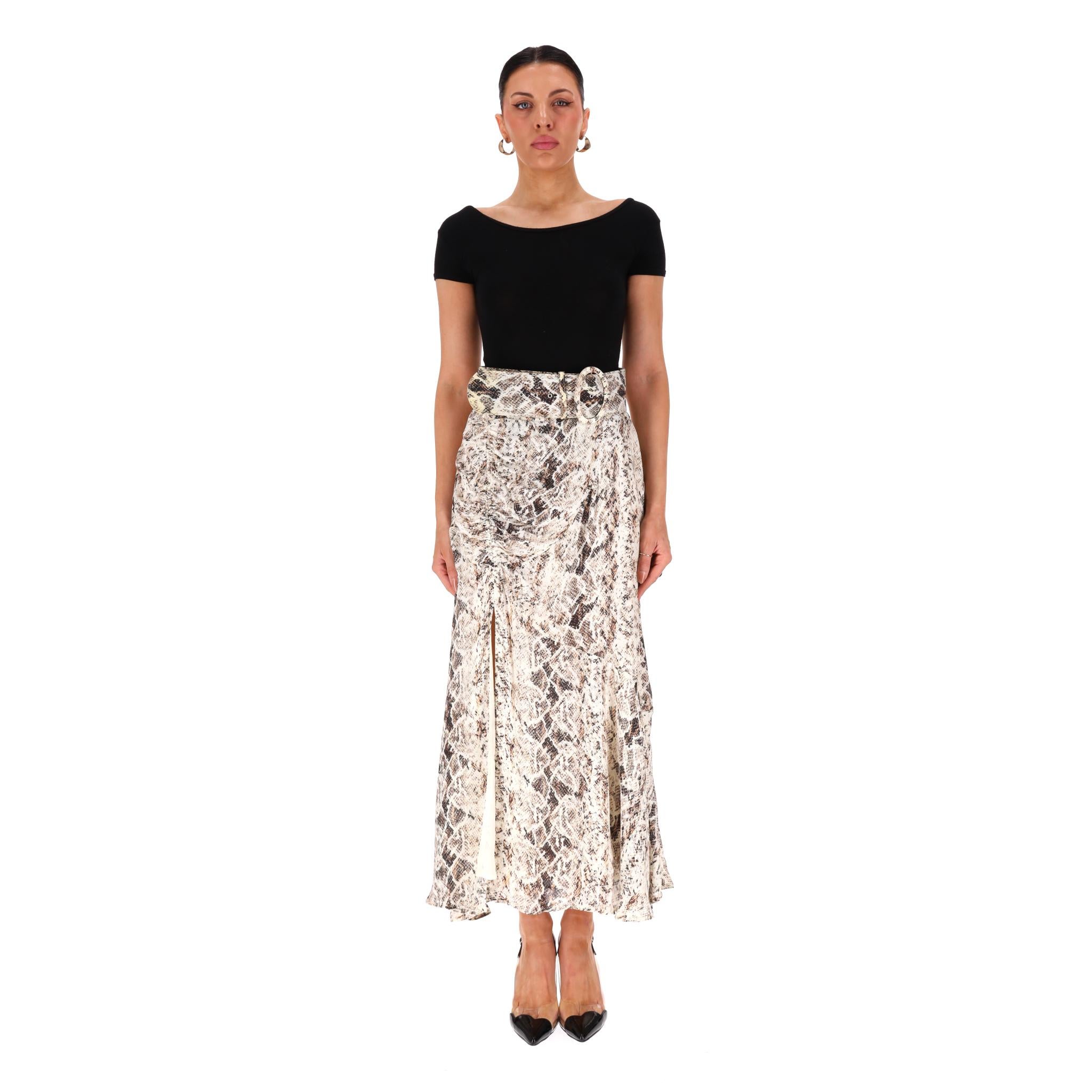 Nicholas Ruched Snake Print Silk Midi Skirt

Silk-chiffon midi skirt designed with a neutral snakeskin pattern in white, beige, and brown hues.

Ruched along one side with thigh-high split to the other side.

Belted waist and ruffled hem.

Rrp