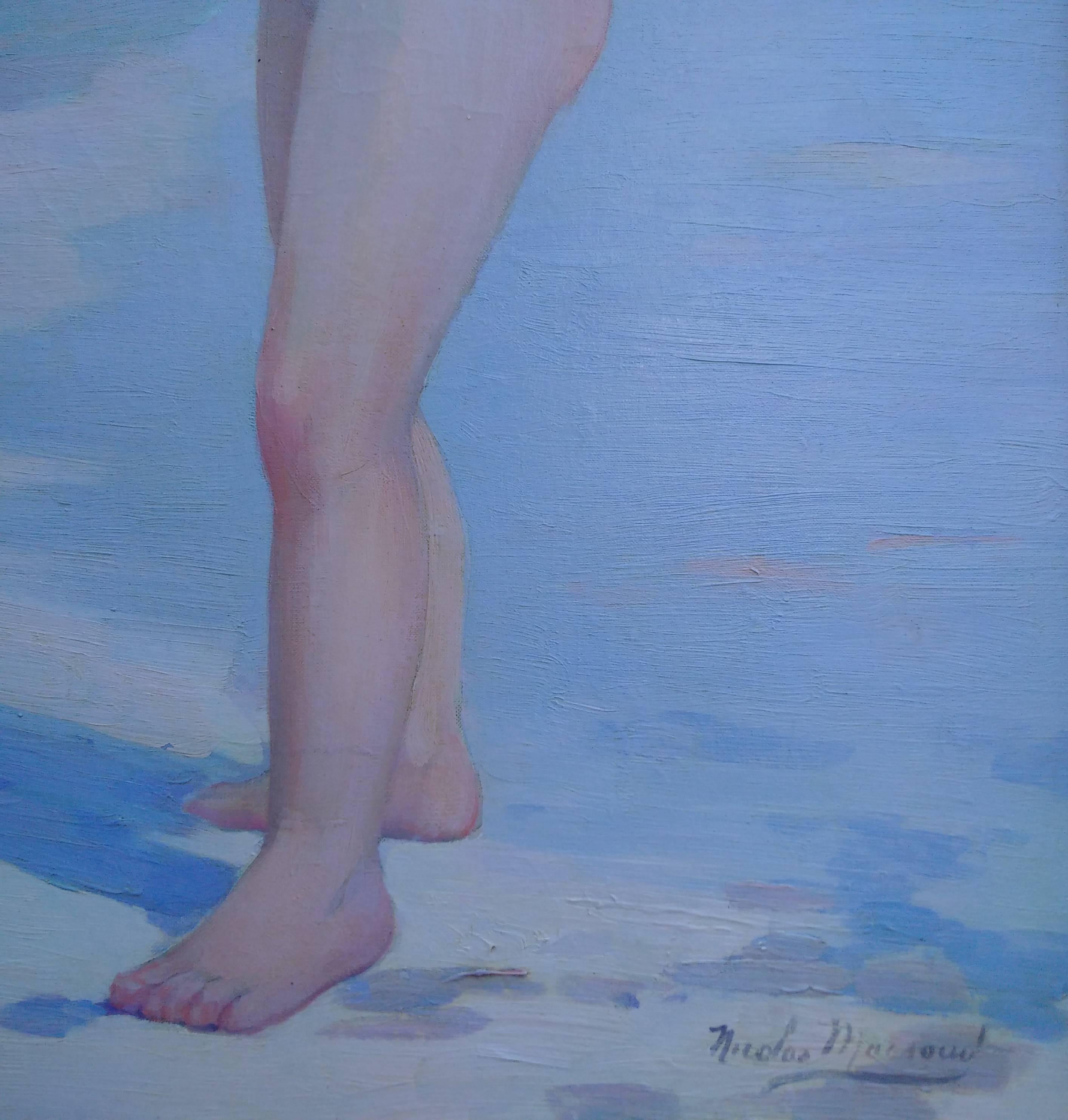 Child & Child sulla spiaggia, di Nicolas-Saleem Macsoud - Figurative Painting Blu di Nicholas Saleem Macsoud