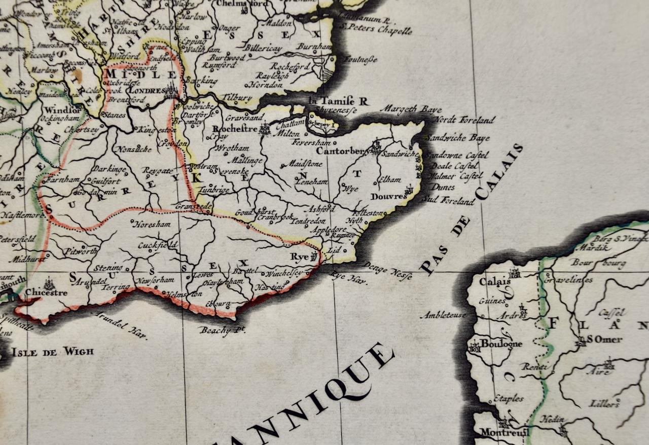 Great Britain, N. France: A Large 17th C. Hand-colored Map by Sanson and Jaillot For Sale 8
