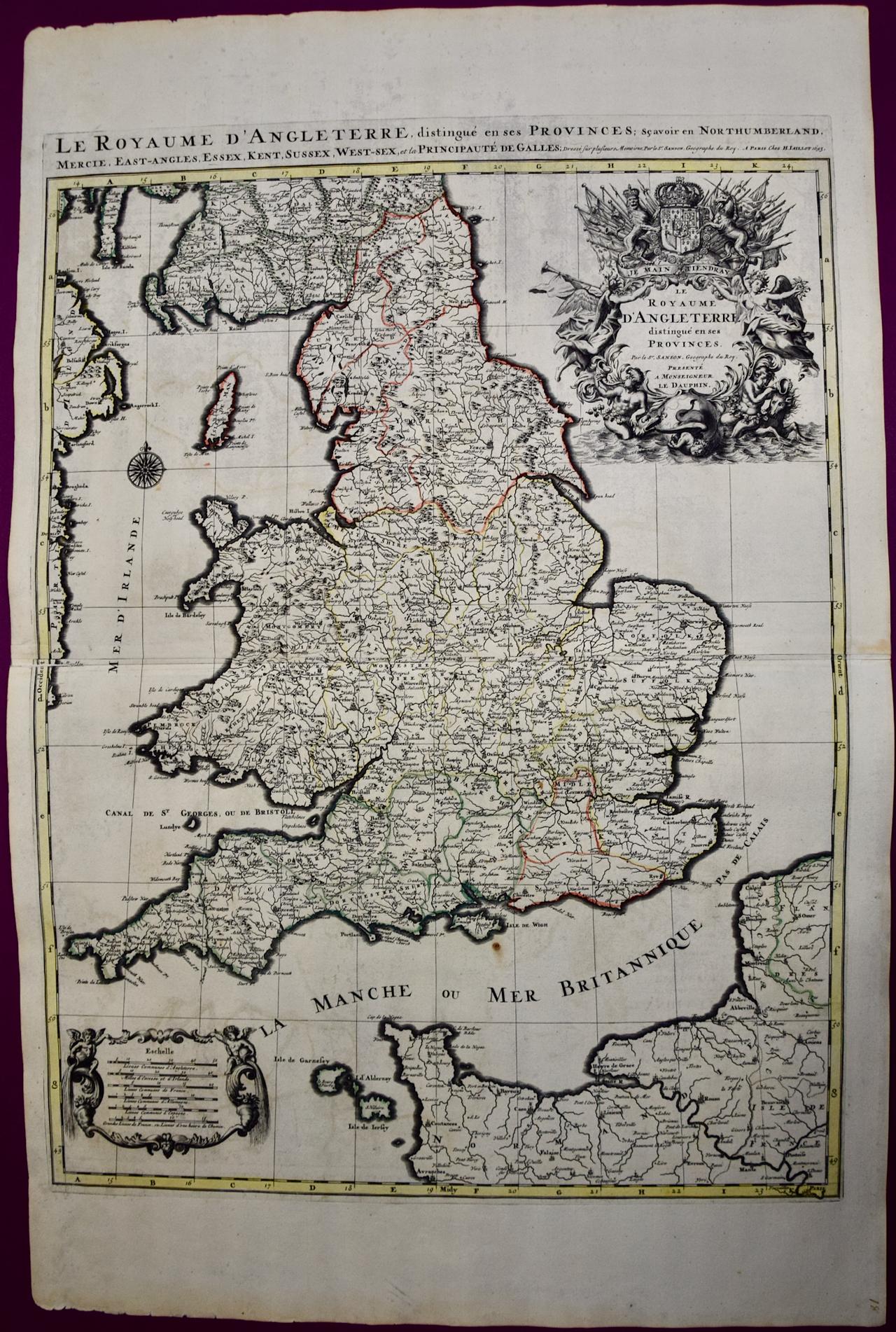Great Britain, N. France: A Large 17th C. Hand-colored Map by Sanson and Jaillot
