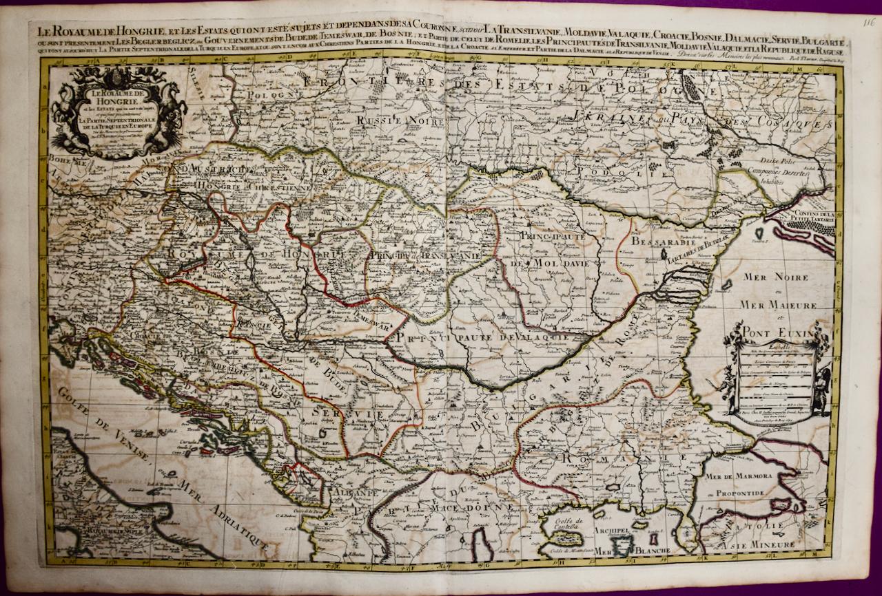 Nicholas Sanson d'Abbeville Landscape Print - Hungary & Eastern Europe: A Large 17th C. Hand-colored Map by Sanson & Jaillot