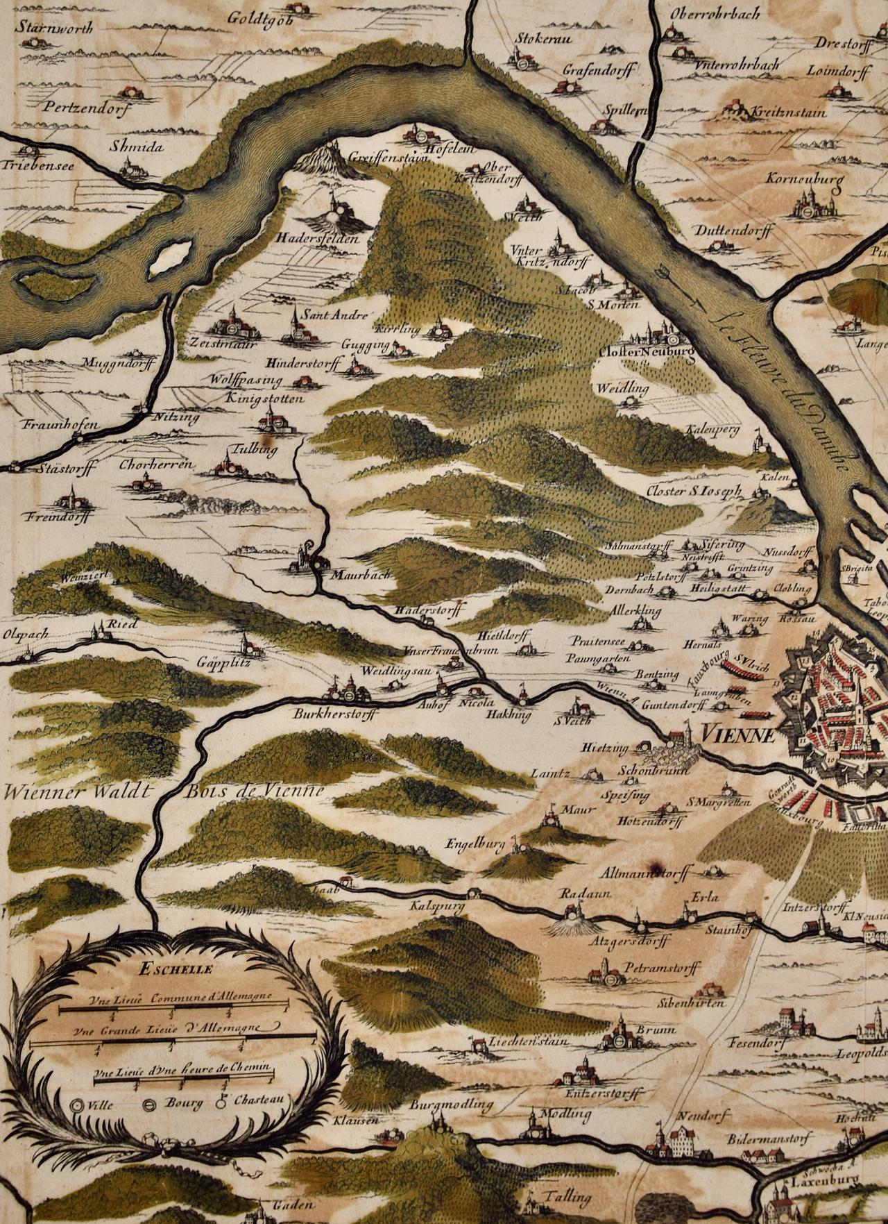 This large 17th century hand-colored map of Vienna, Austria and the surrounding countryside and villages entitled 