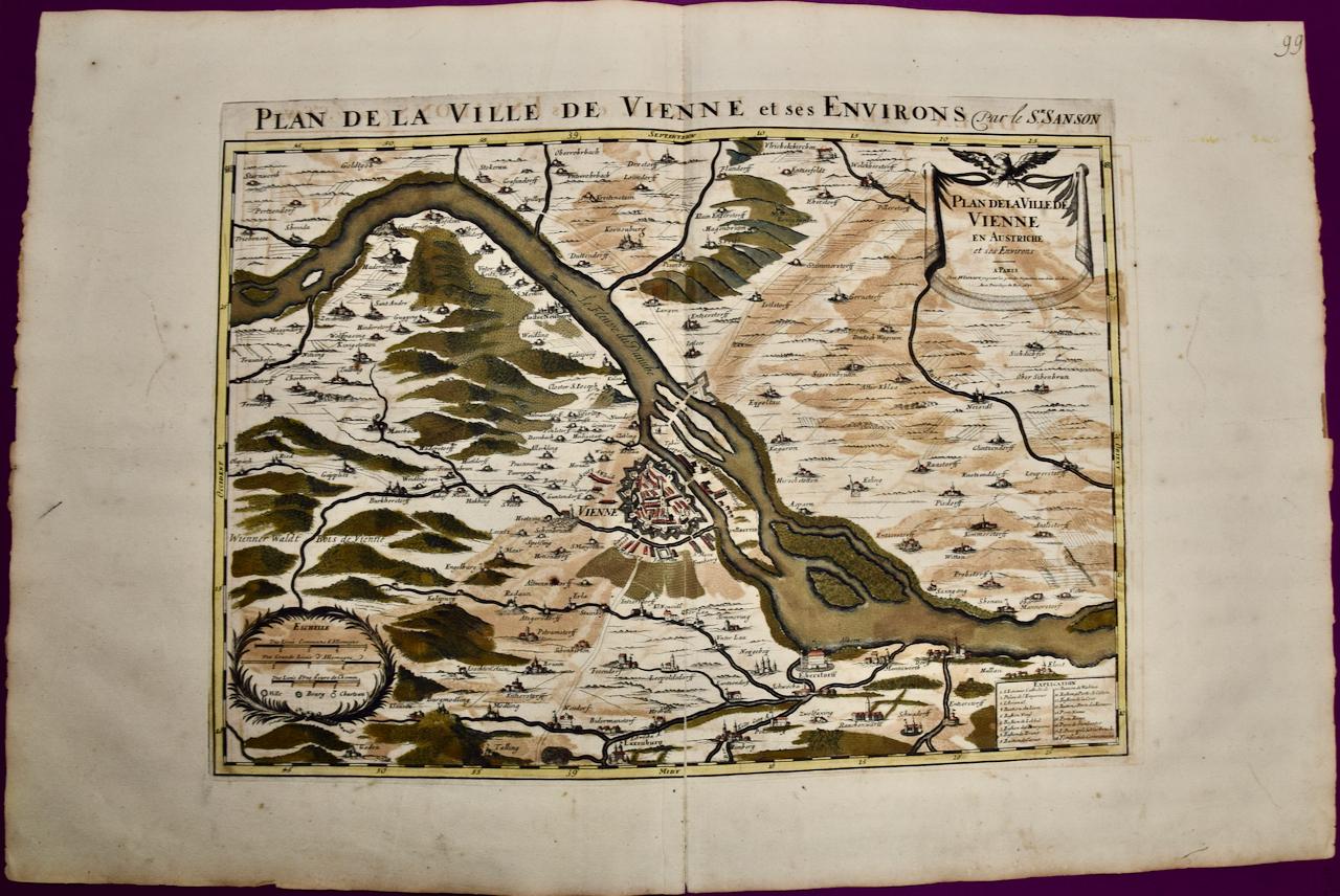 Nicholas Sanson d'Abbeville Landscape Print - Vienna, Austria: A Large 17th Century Hand-colored Map by Sanson and Jaillot