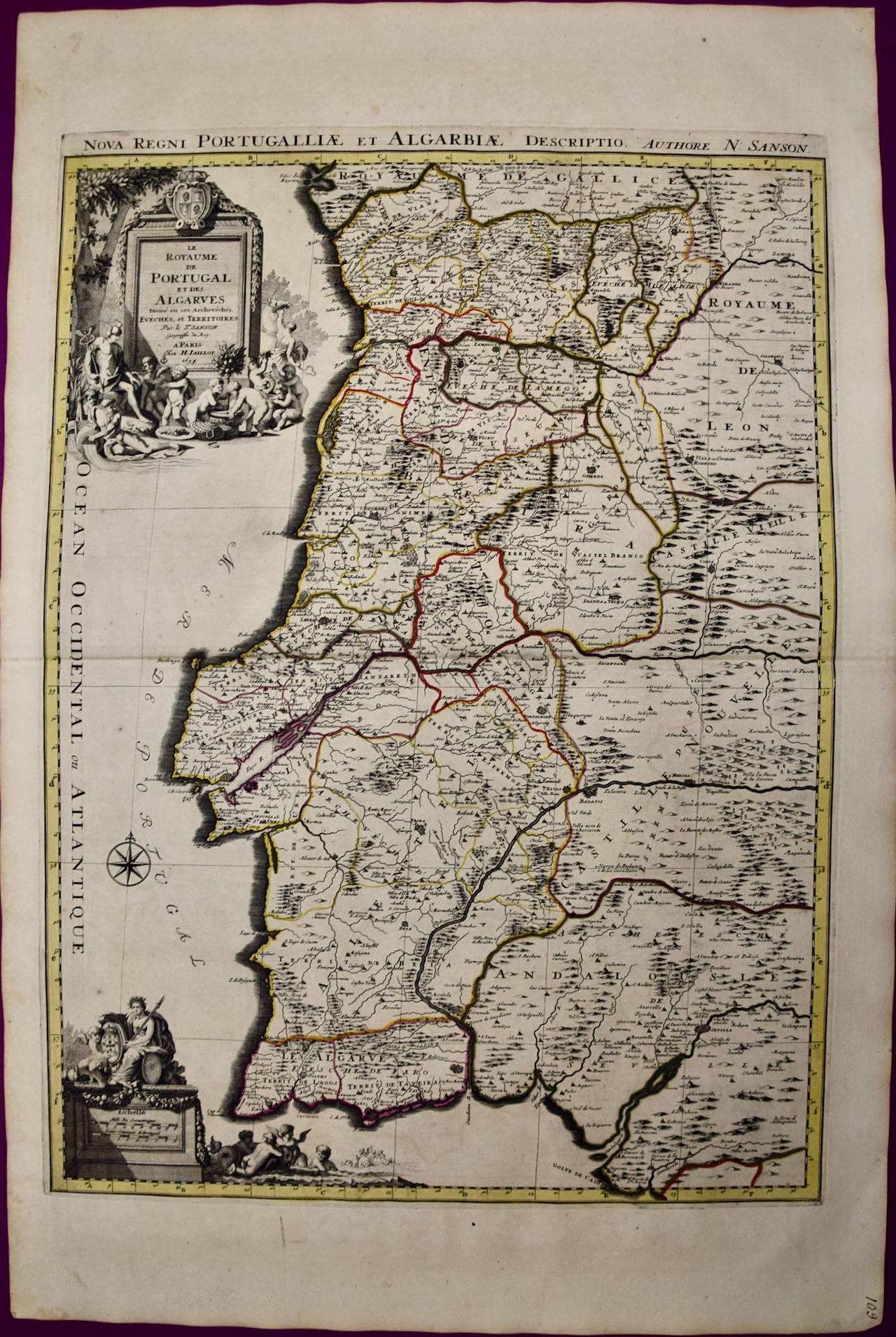 Nicholas Sanson d'Abbeville Landscape Print - Portugal: A Large 17th Century Hand-colored Map by Sanson and Jaillot