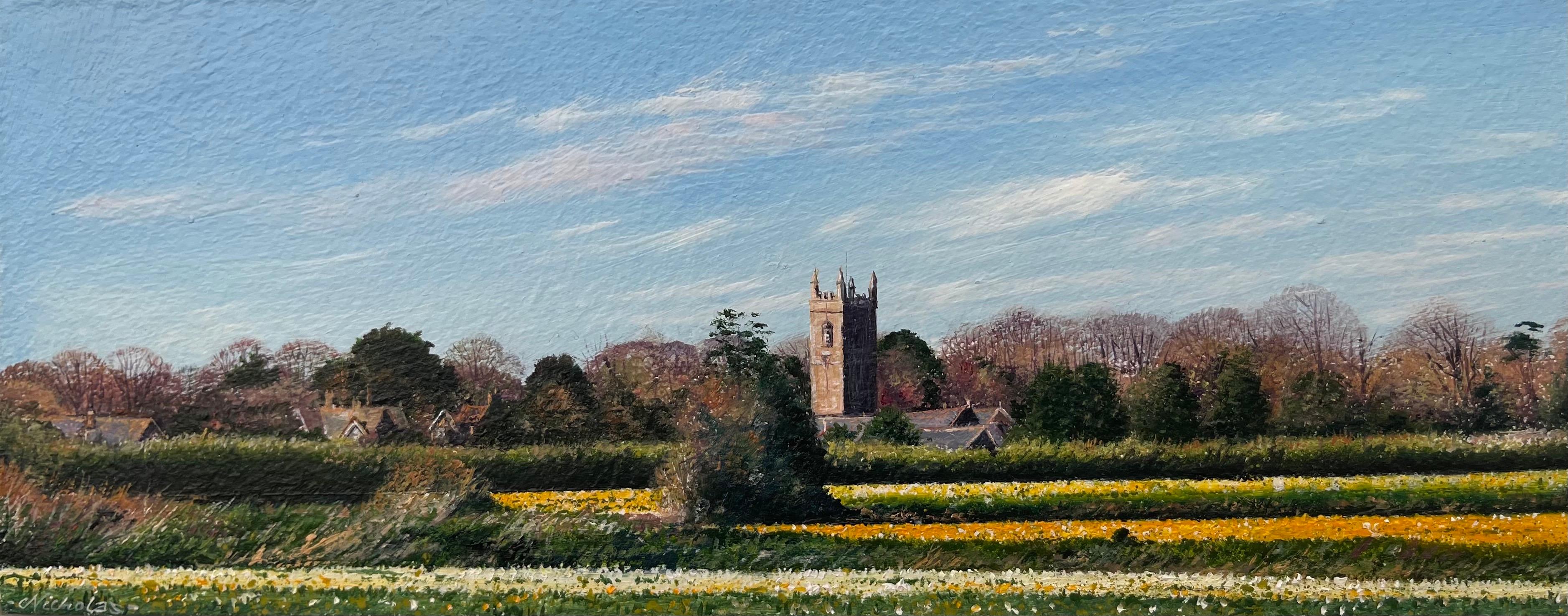 Daffodil Fields Englische Landschaftsmalerei von Nicholas Smith, einem zeitgenössischen fotorealistischen Künstler. 

Kunst misst 8,5 x 3,5 Zoll
Rahmen misst 11,5 x 6,5 Zoll  

Nicholas Smith wurde im Dezember 1960 als Sohn eines der führenden