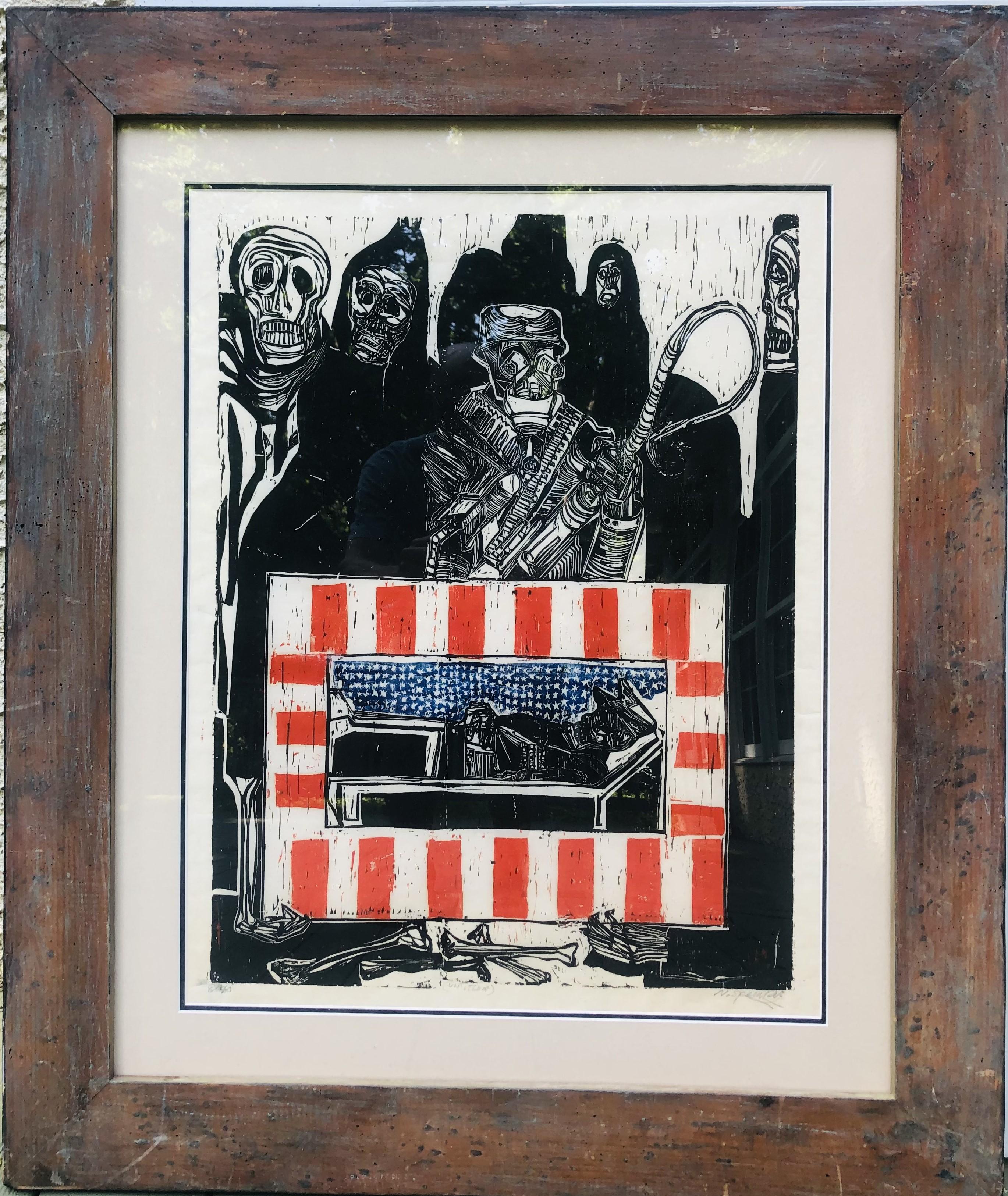 Scena funebre brutalista Soldato morto patriottico, maschera antigas e scheletri - Print di Nicholas SPERAKIS