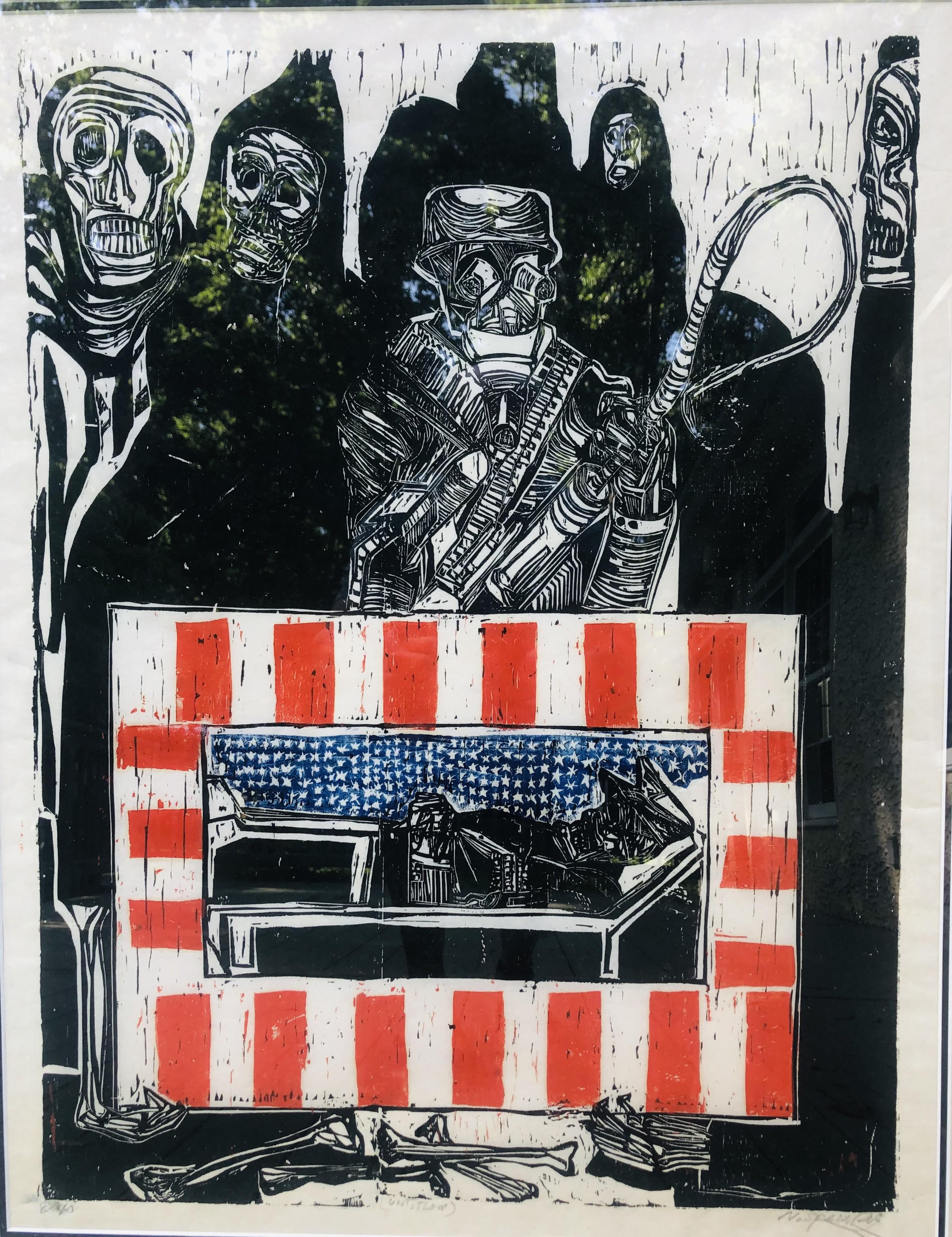 Scena funebre brutalista Soldato morto patriottico, maschera antigas e scheletri - Print Espressionista di Nicholas SPERAKIS