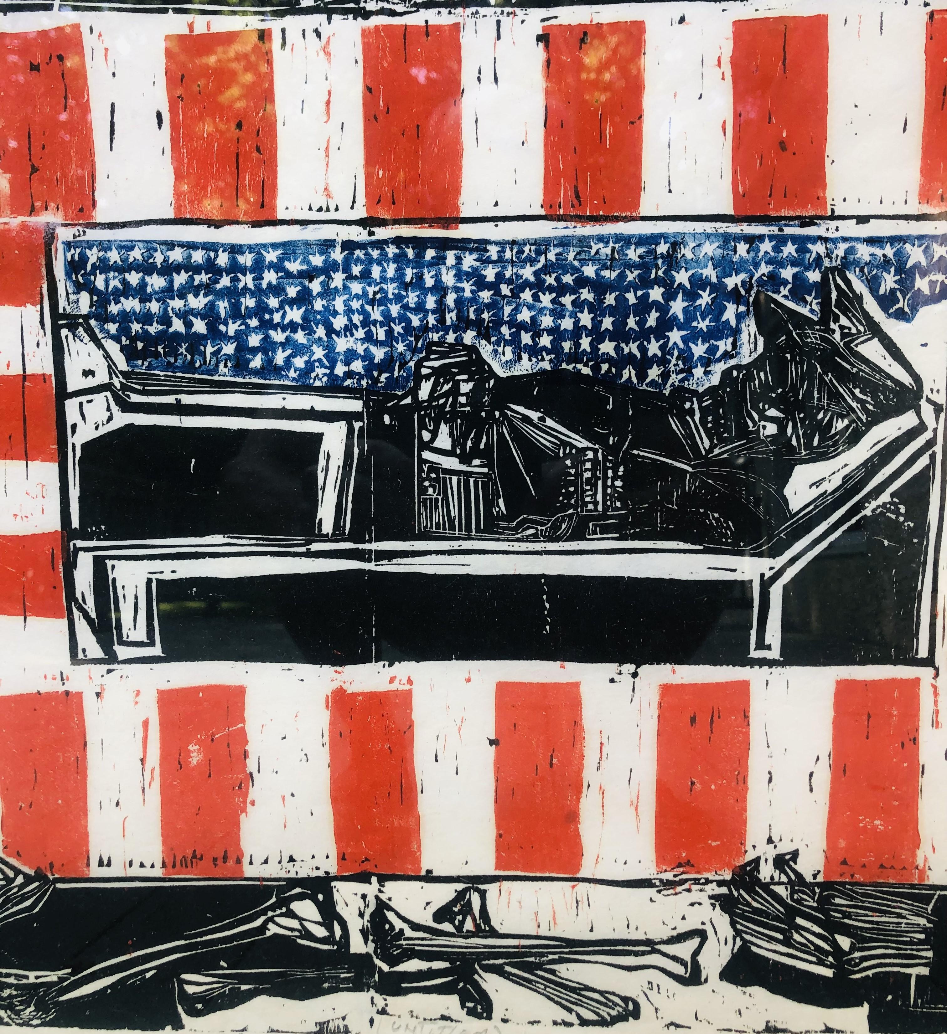 Scena funebre brutalista Soldato morto patriottico, maschera antigas e scheletri - Figurative Print Nero di Nicholas SPERAKIS