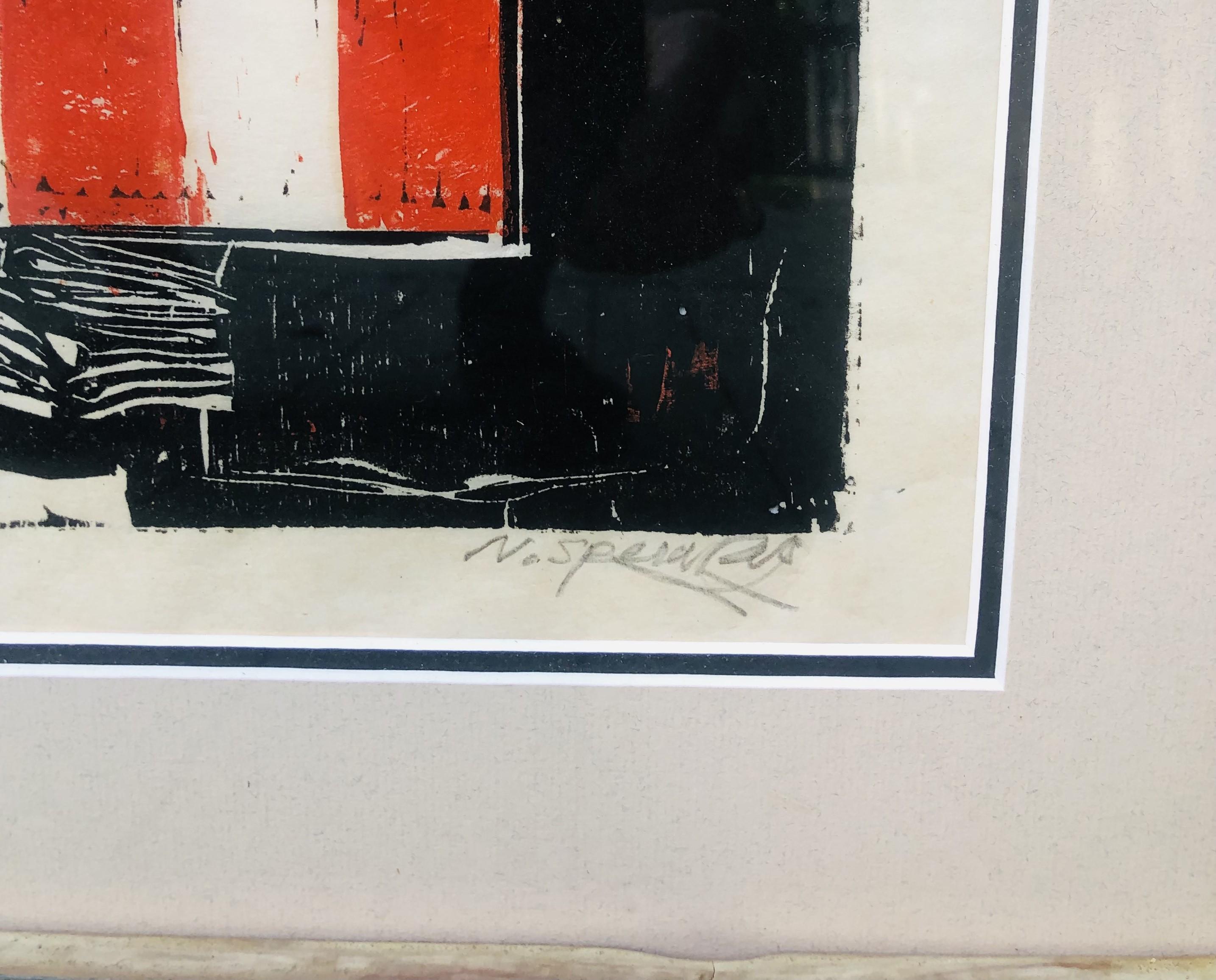 Xilografia brutalista a colori del 1976 circa di Nicholas SPERAKIS. L'immagine raffigura figure scheletriche intorno alla tomba di un soldato. Nota i tratti della bandiera americana che drappeggiano il soldato sepolto. La xilografia è la n. 8 di