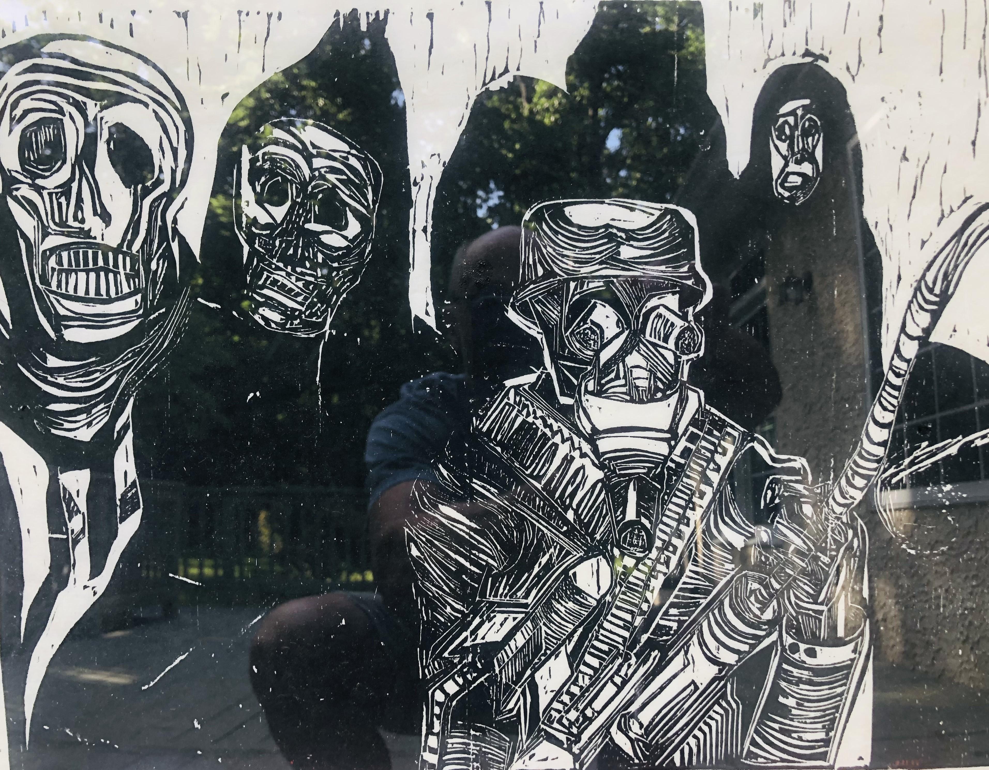 Scena funebre brutalista Soldato morto patriottico, maschera antigas e scheletri in vendita 2