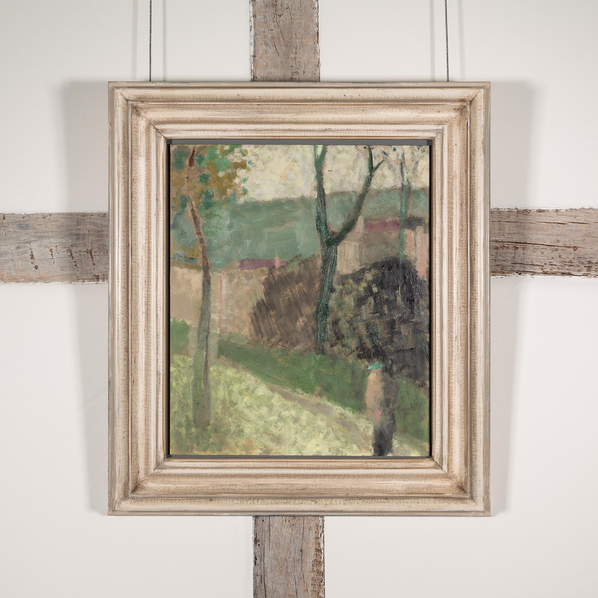 Un vicolo di campagna - Pittura ad olio di un paesaggio astratto verde con alberi ed edifici - Painting di Nicholas Turner