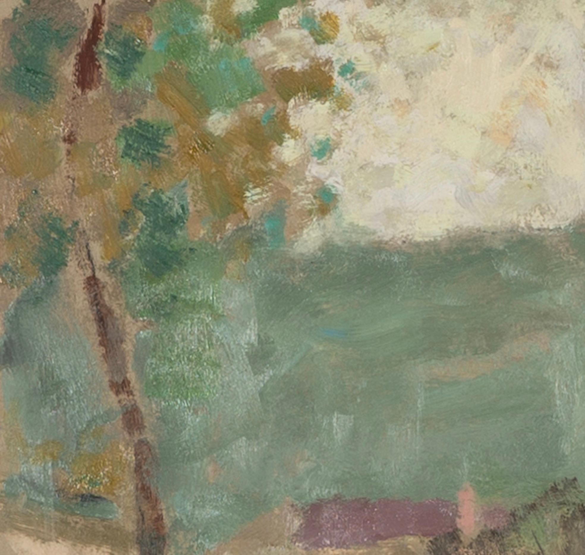 Un vicolo di campagna - Pittura ad olio di un paesaggio astratto verde con alberi ed edifici - Landscape Painting Marrone di Nicholas Turner