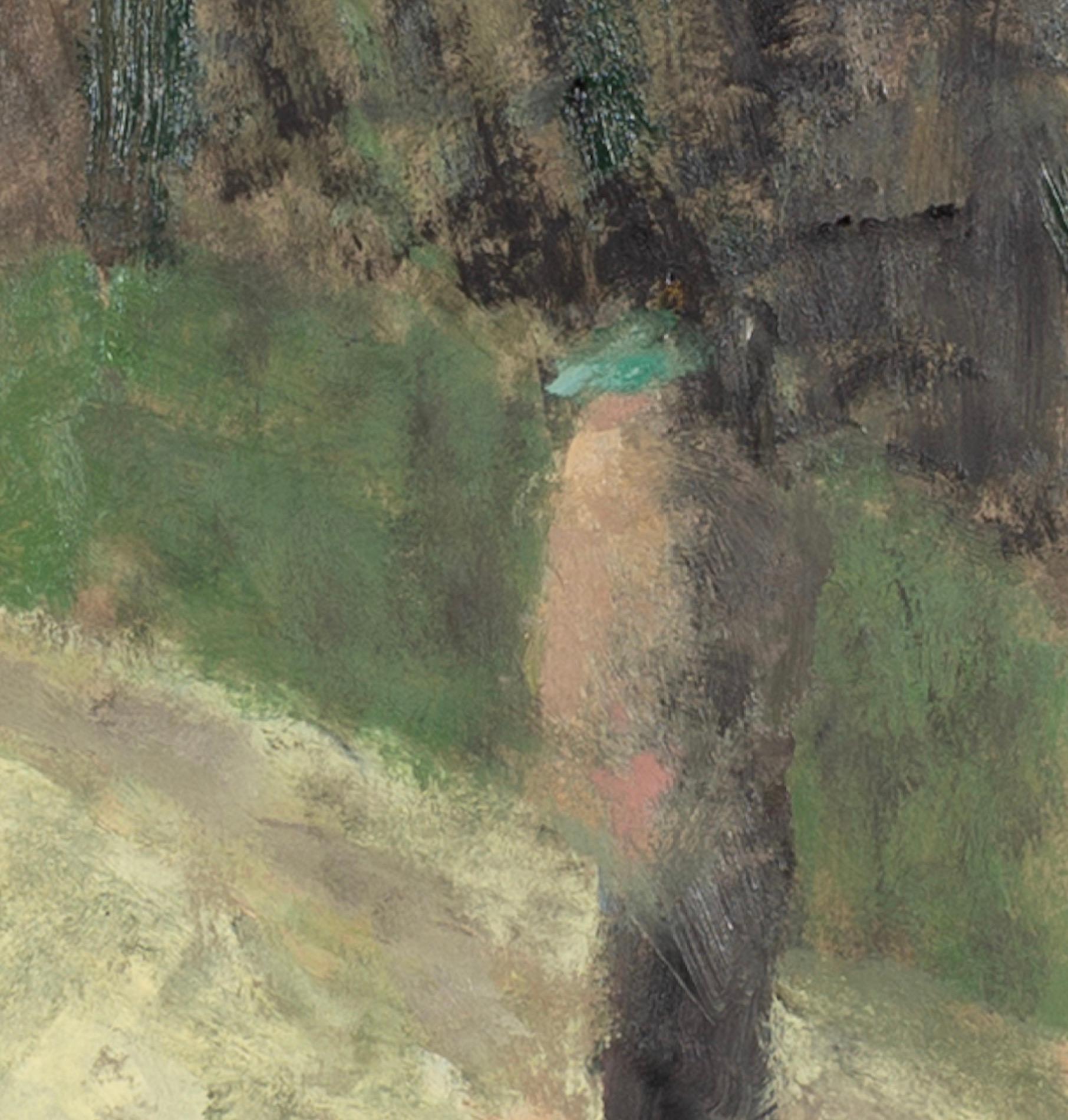 Un vicolo di campagna - Pittura ad olio di un paesaggio astratto verde con alberi ed edifici in vendita 1