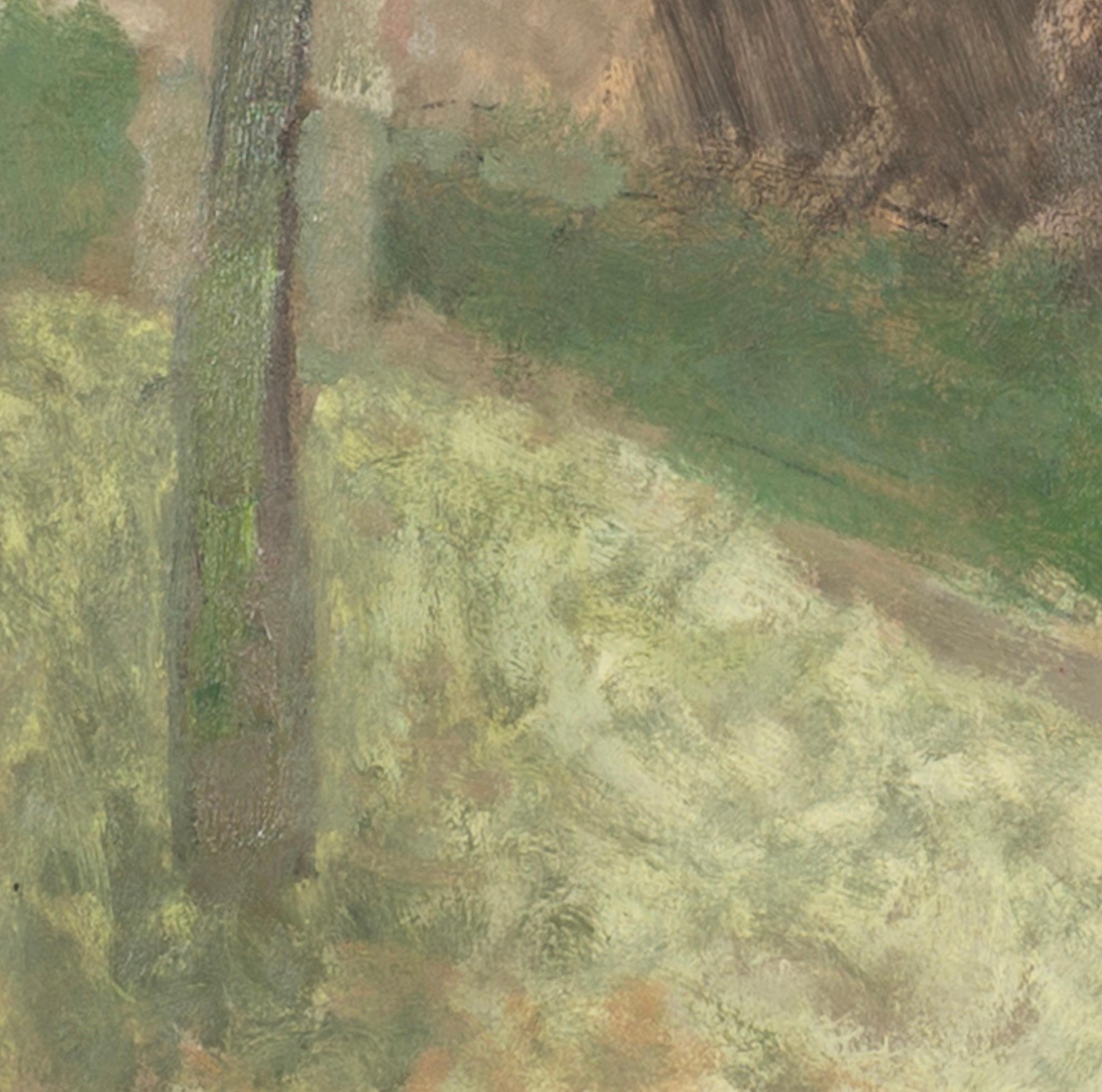 Un vicolo di campagna - Pittura ad olio di un paesaggio astratto verde con alberi ed edifici in vendita 2