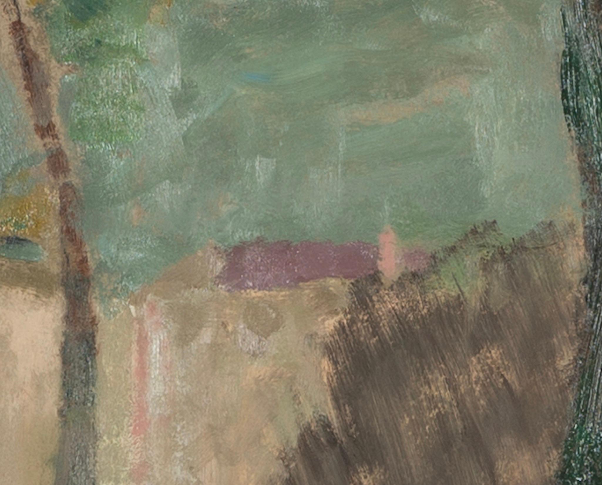 Un vicolo di campagna - Pittura ad olio di un paesaggio astratto verde con alberi ed edifici in vendita 3