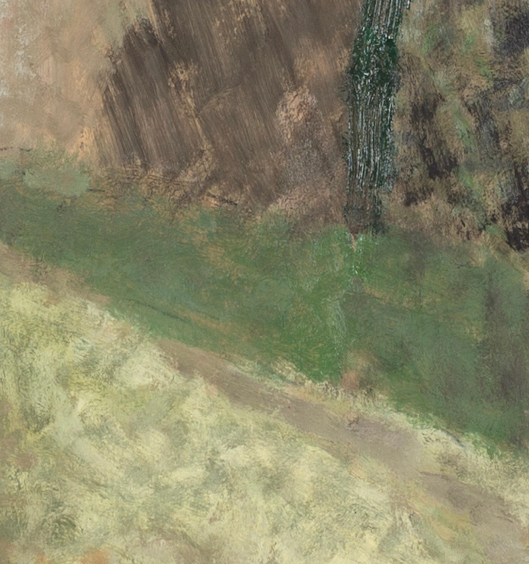 Un vicolo di campagna - Pittura ad olio di un paesaggio astratto verde con alberi ed edifici in vendita 4