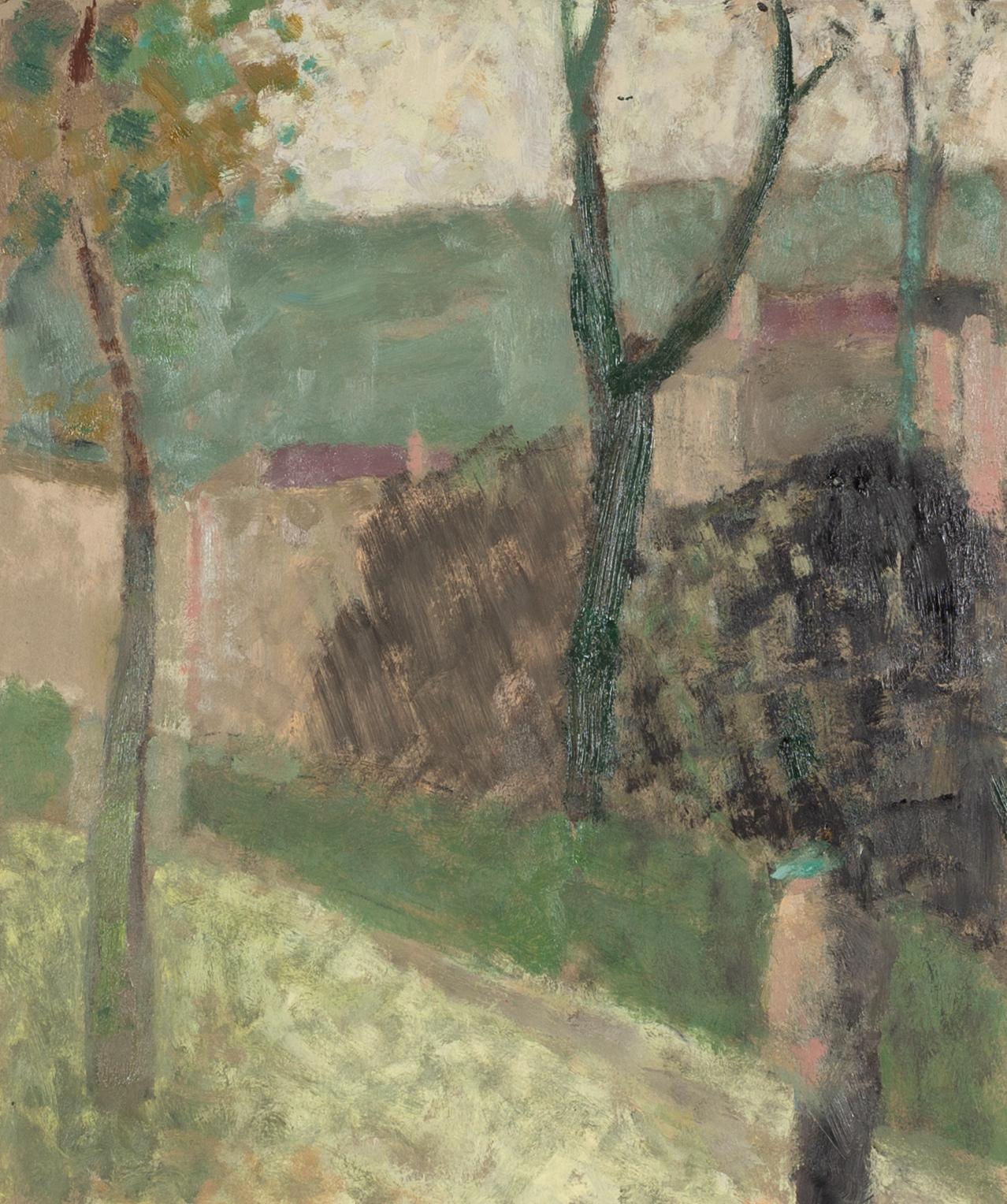Landscape Painting di Nicholas Turner - Un vicolo di campagna - Pittura ad olio di un paesaggio astratto verde con alberi ed edifici