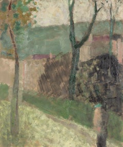 Un vicolo di campagna - Pittura ad olio di un paesaggio astratto verde con alberi ed edifici