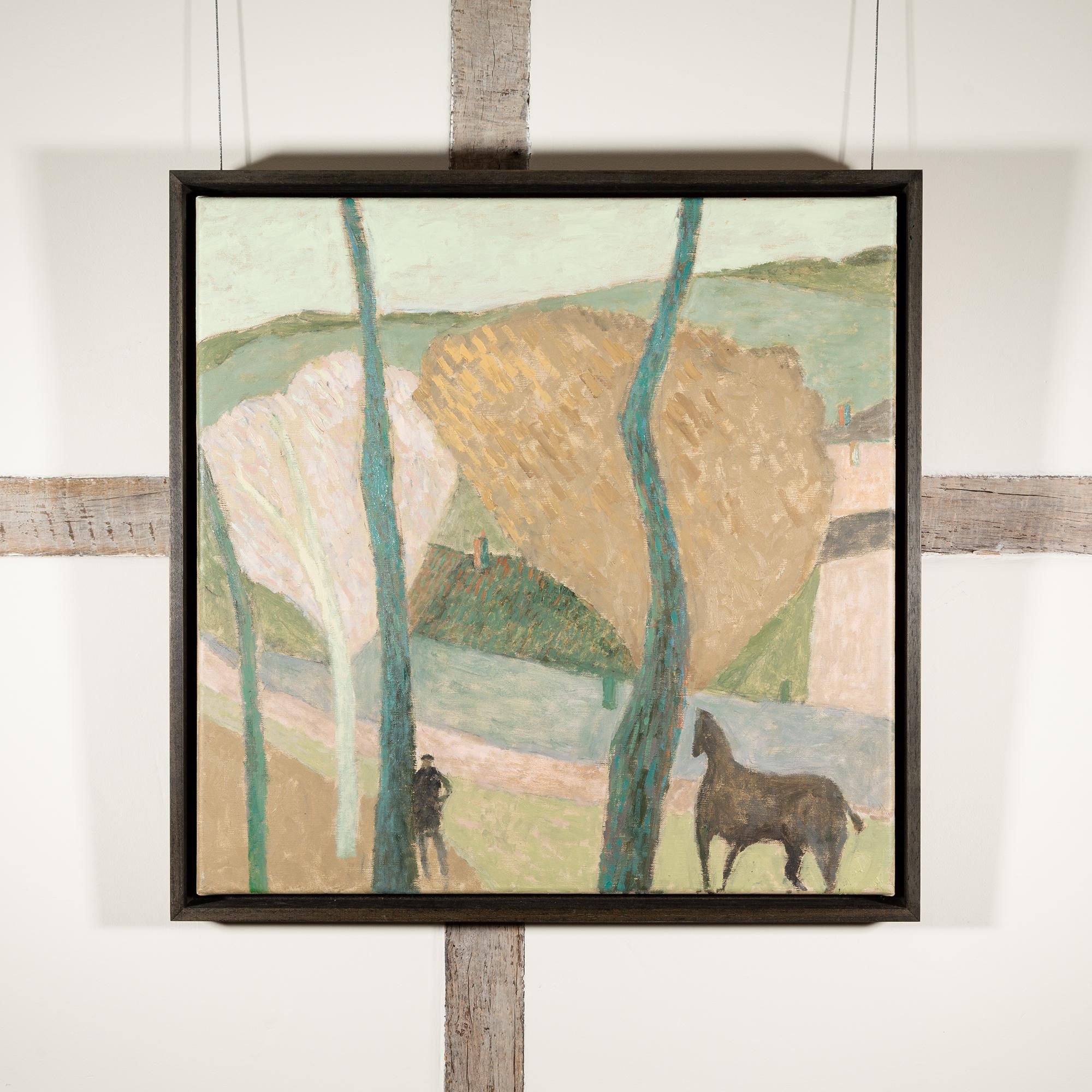 A Country Lane - Pale Minimalist Landscape Oil Painting with Figure + Horse - Beige Landscape Painting by Nicholas Turner
