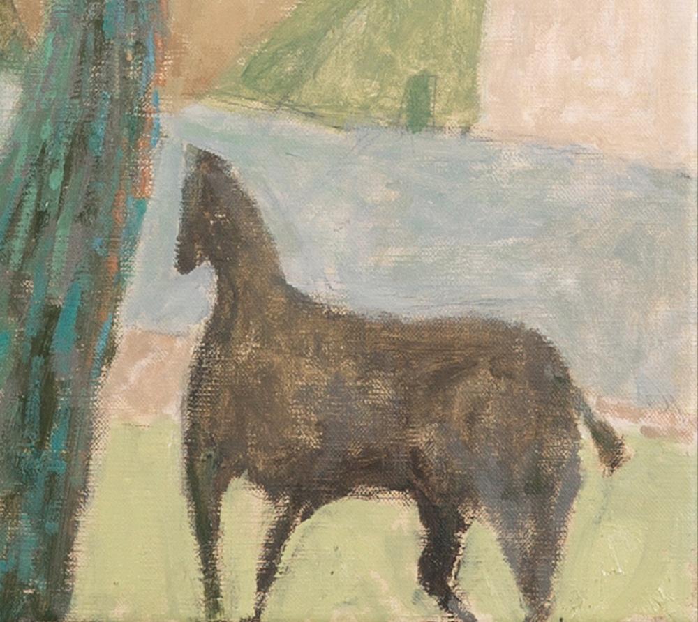 A Country Lane - Pale Minimalist Landscape Oil Painting with Figure + Horse For Sale 3