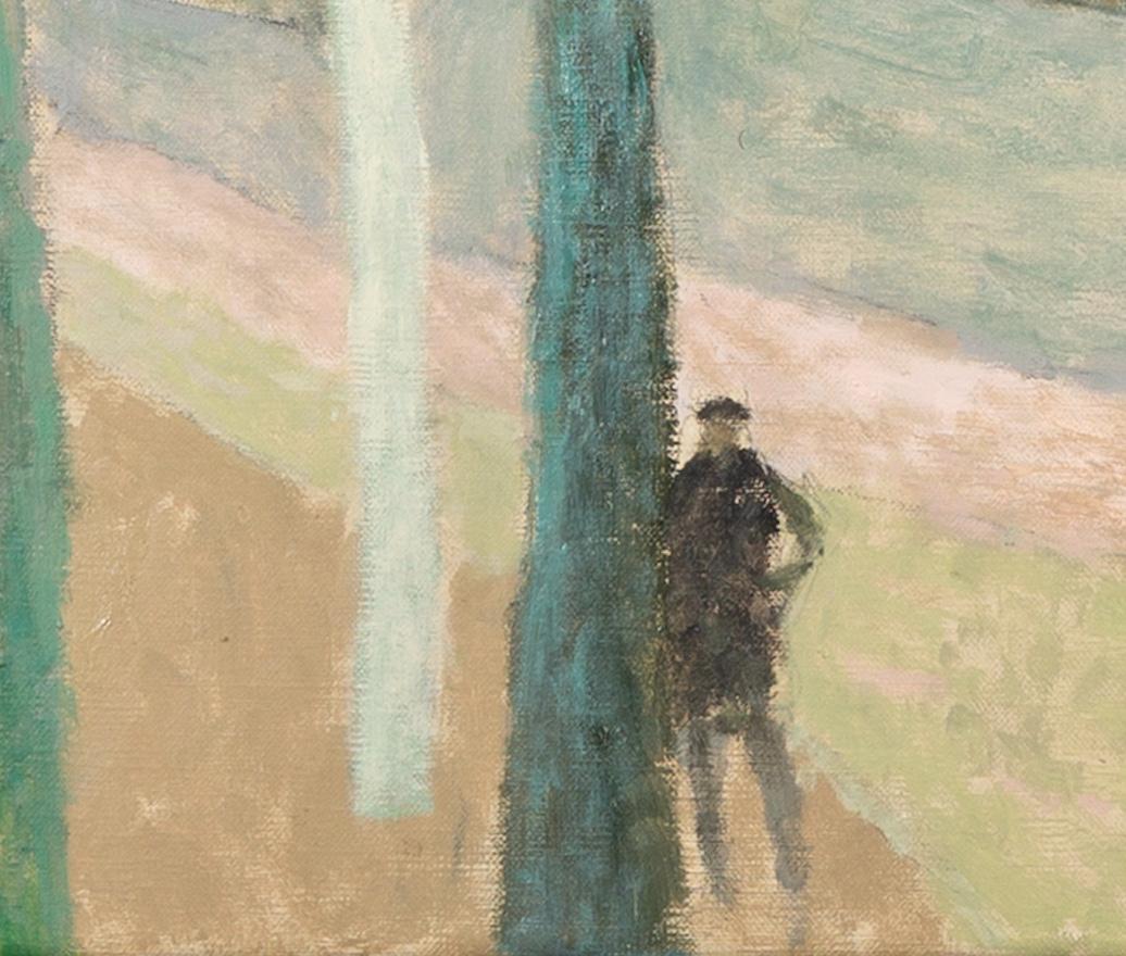 A Country Lane - Pale Minimalist Landscape Oil Painting with Figure + Horse For Sale 4