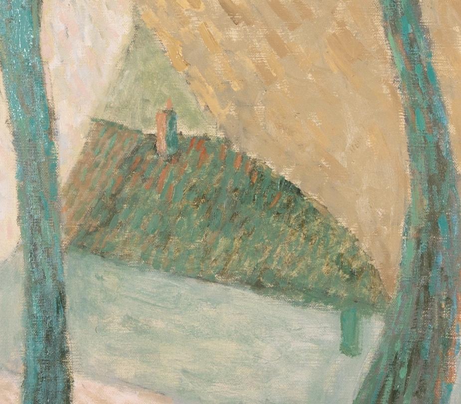 A Country Lane - Pale Minimalist Landscape Oil Painting with Figure + Horse For Sale 5