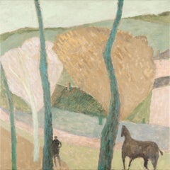 A Country Lane - Pale Minimalist Landscape Oil Painting with Figure + Horse