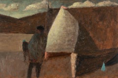 Beach with Sail and Clouds - Landscape Oil Painting with Boats and Fishermen