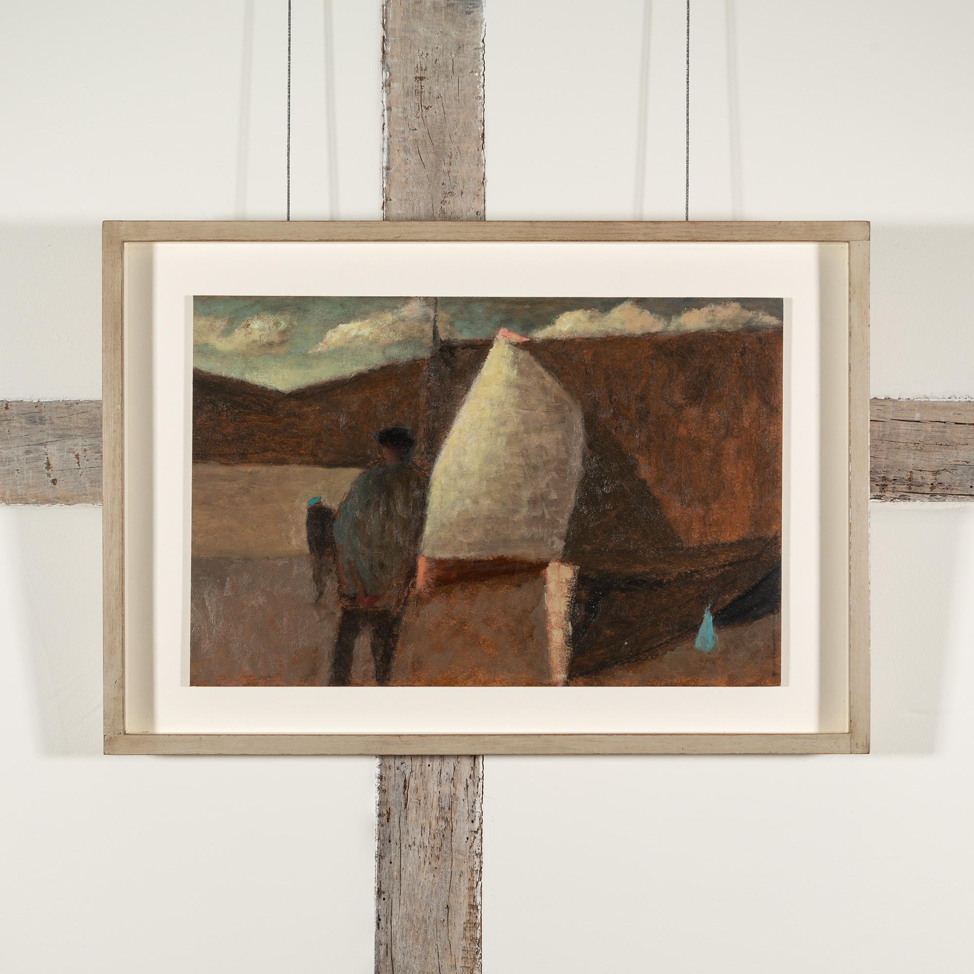 Beach with Sail and Clouds - Landscape Oil Painting with Sea, Boats + Fishermen - Brown Figurative Painting by Nicholas Turner