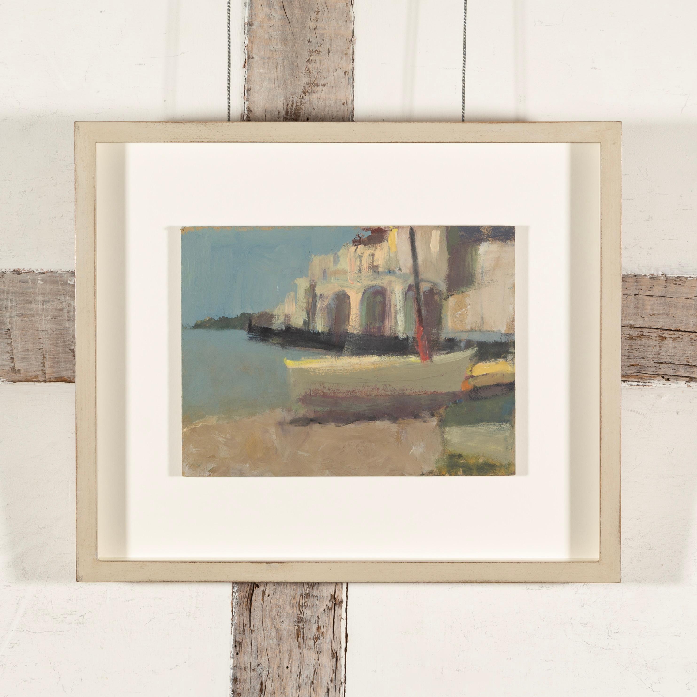 Barco en Cadaqués - Pintura al óleo contemporánea de paisaje terrestre/marino en azul - Painting de Nicholas Turner