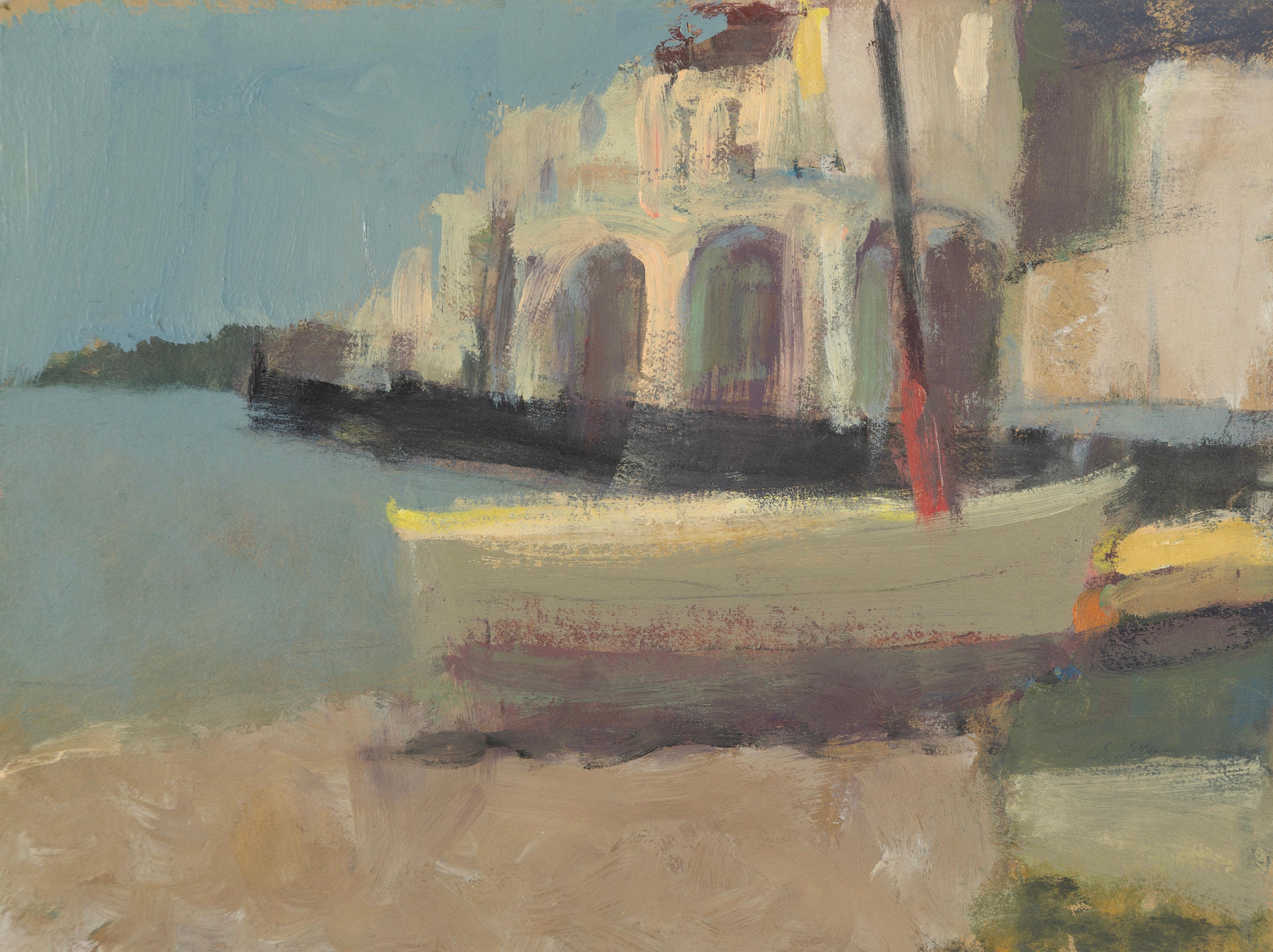 Landscape Painting de Nicholas Turner - Barco en Cadaqués - Pintura al óleo contemporánea de paisaje terrestre/marino en azul